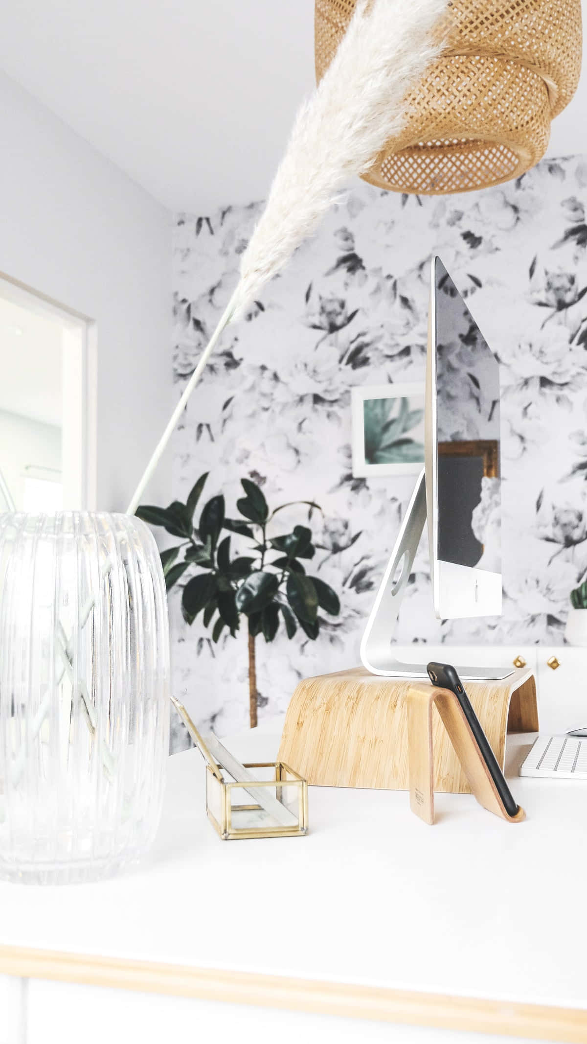white surface, tall pampas grass, glass vase, Full HD Phone Wallpaper