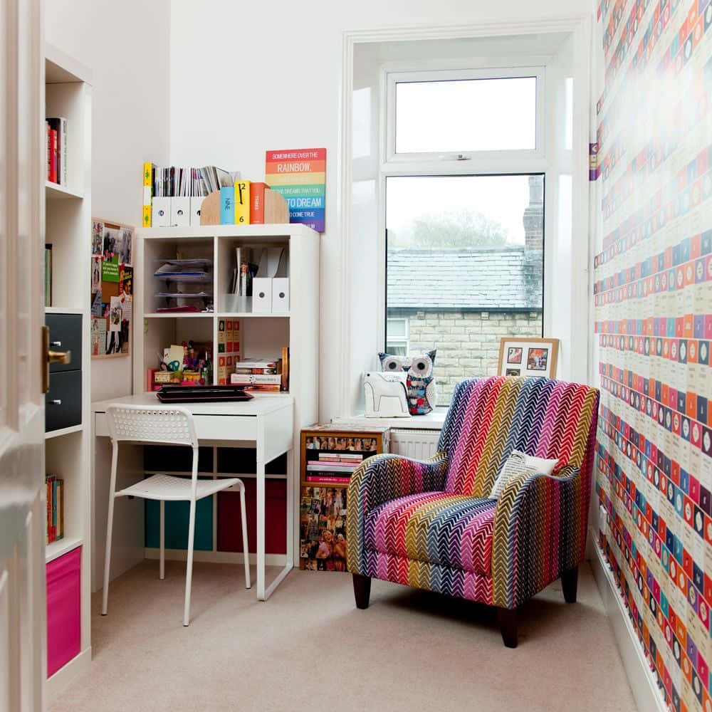colorful armchair, white desk, bookshelf, SD Desktop Wallpaper