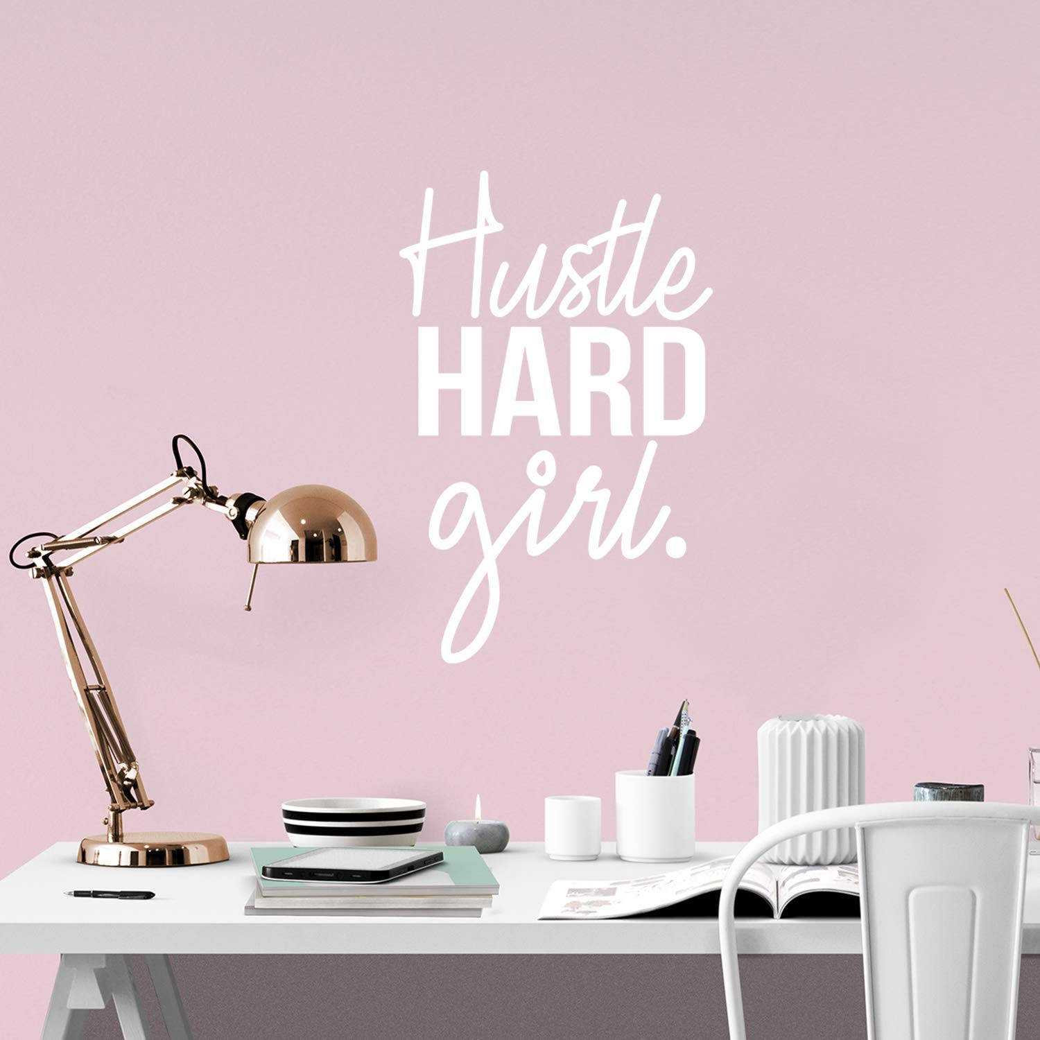 Hustle HARD girl, pink wall, white desk, HD Desktop Wallpaper