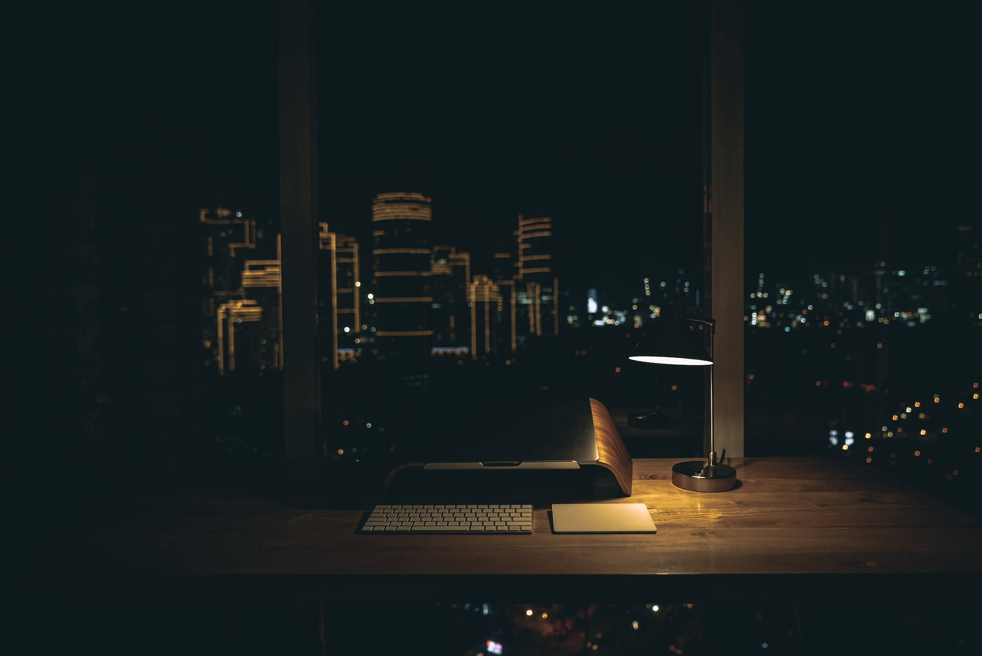 dark office, warmly lit desk, laptop, Full HD Desktop Wallpaper