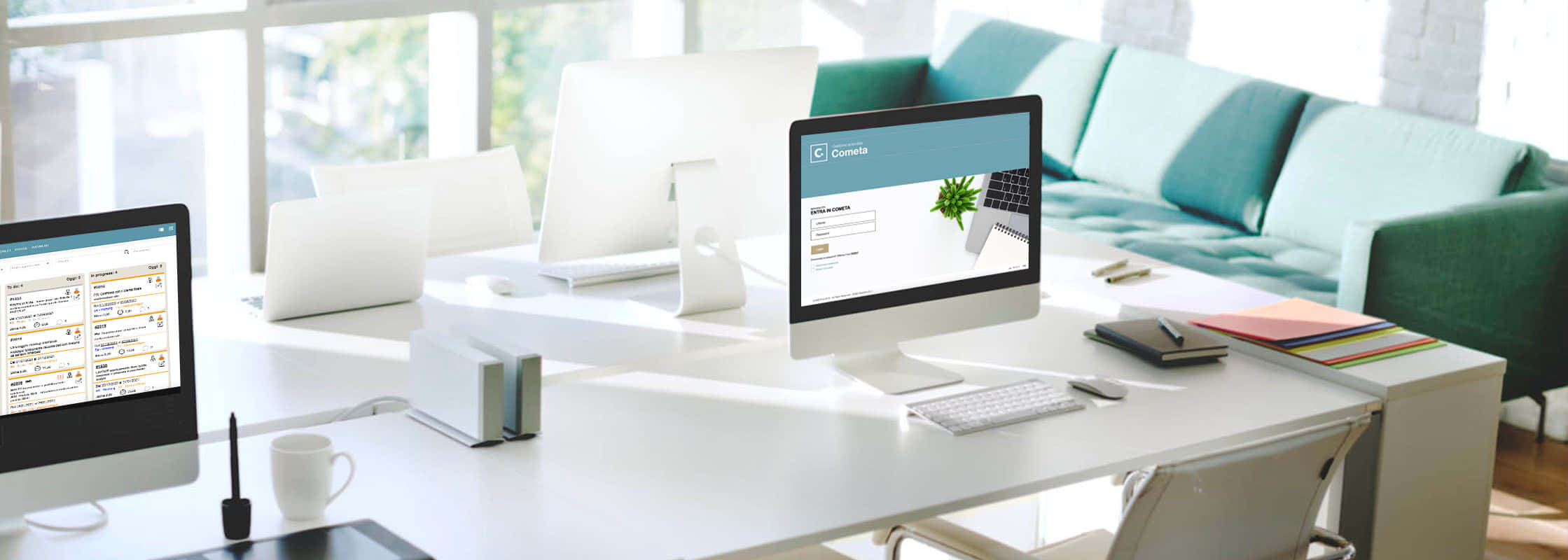 Modern white desk, multiple computers, green sofa, Full HD Desktop Wallpaper
