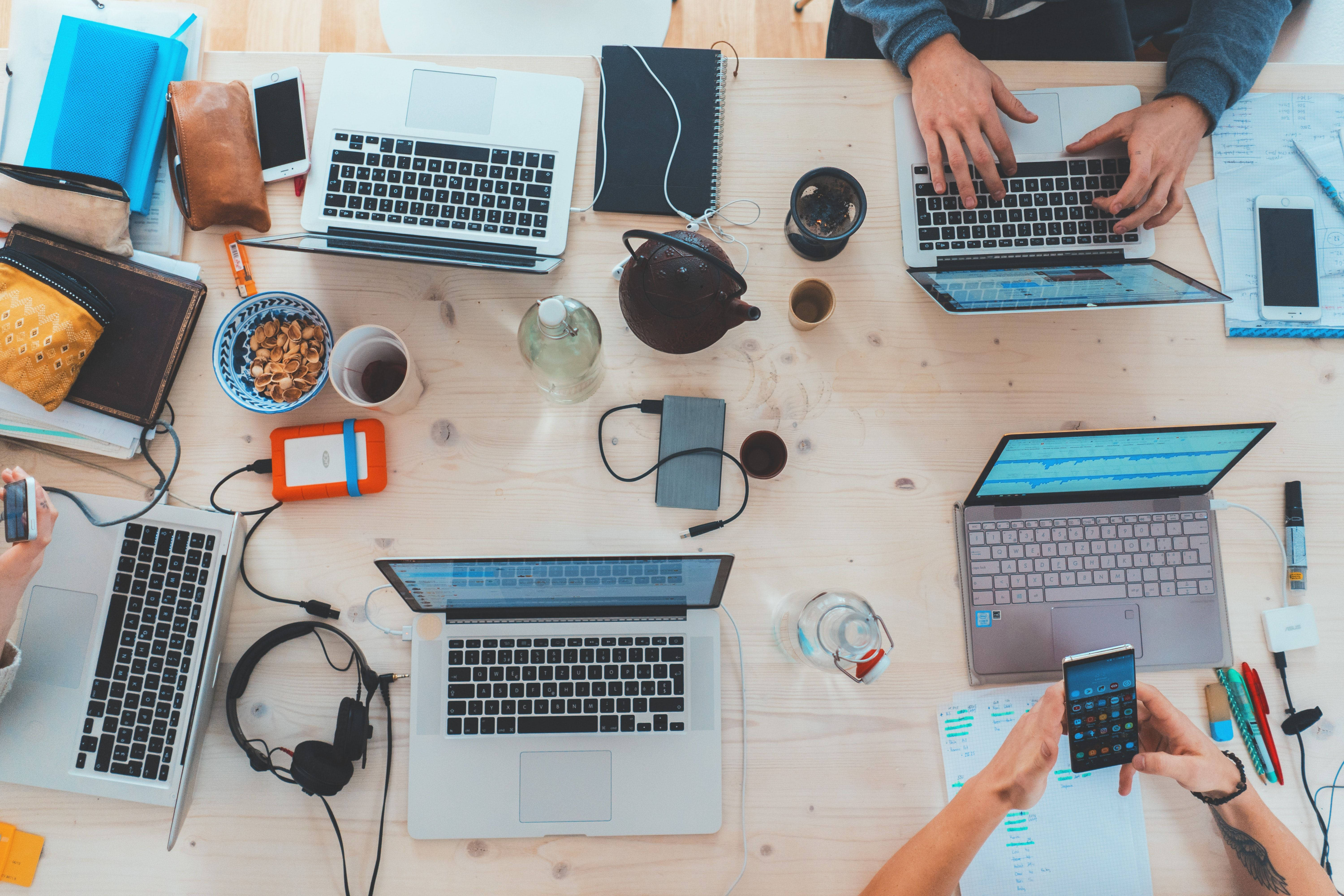 laminated office desk, wooden desk, laptops, 5K Desktop Wallpaper