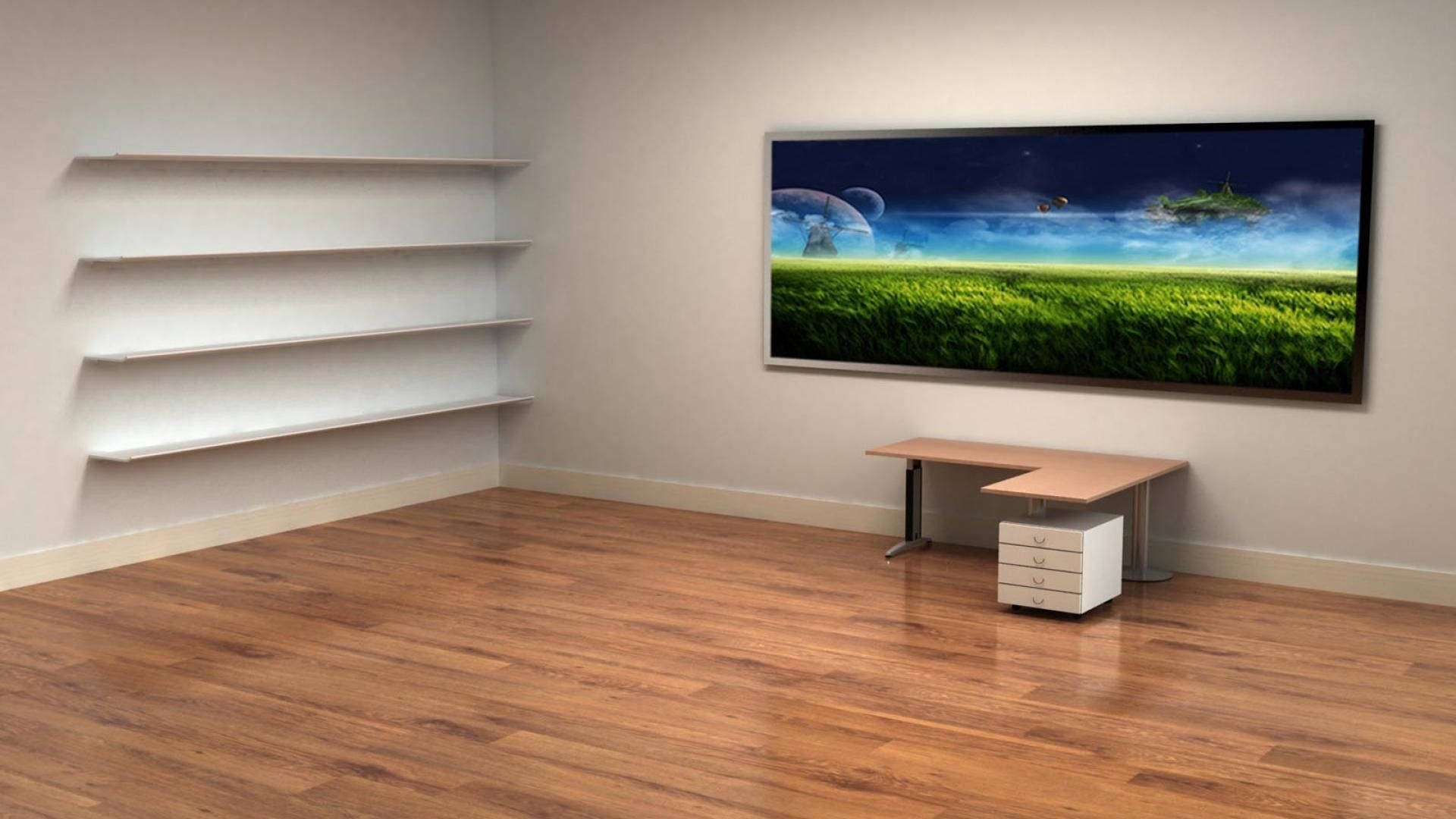 wooden floors, large framed fantasy landscape painting, desk, Full HD Desktop Wallpaper