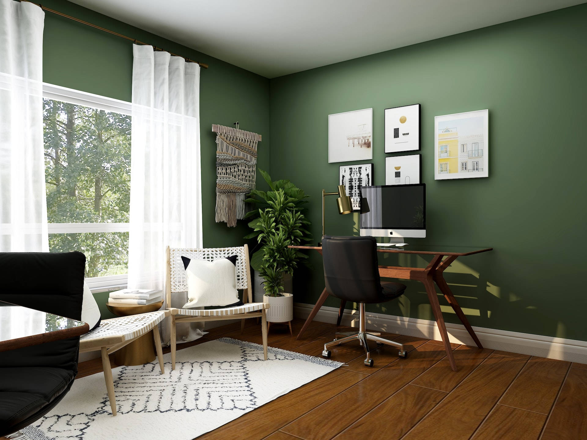 modern home office, green walls, wooden floors, Full HD Desktop Wallpaper