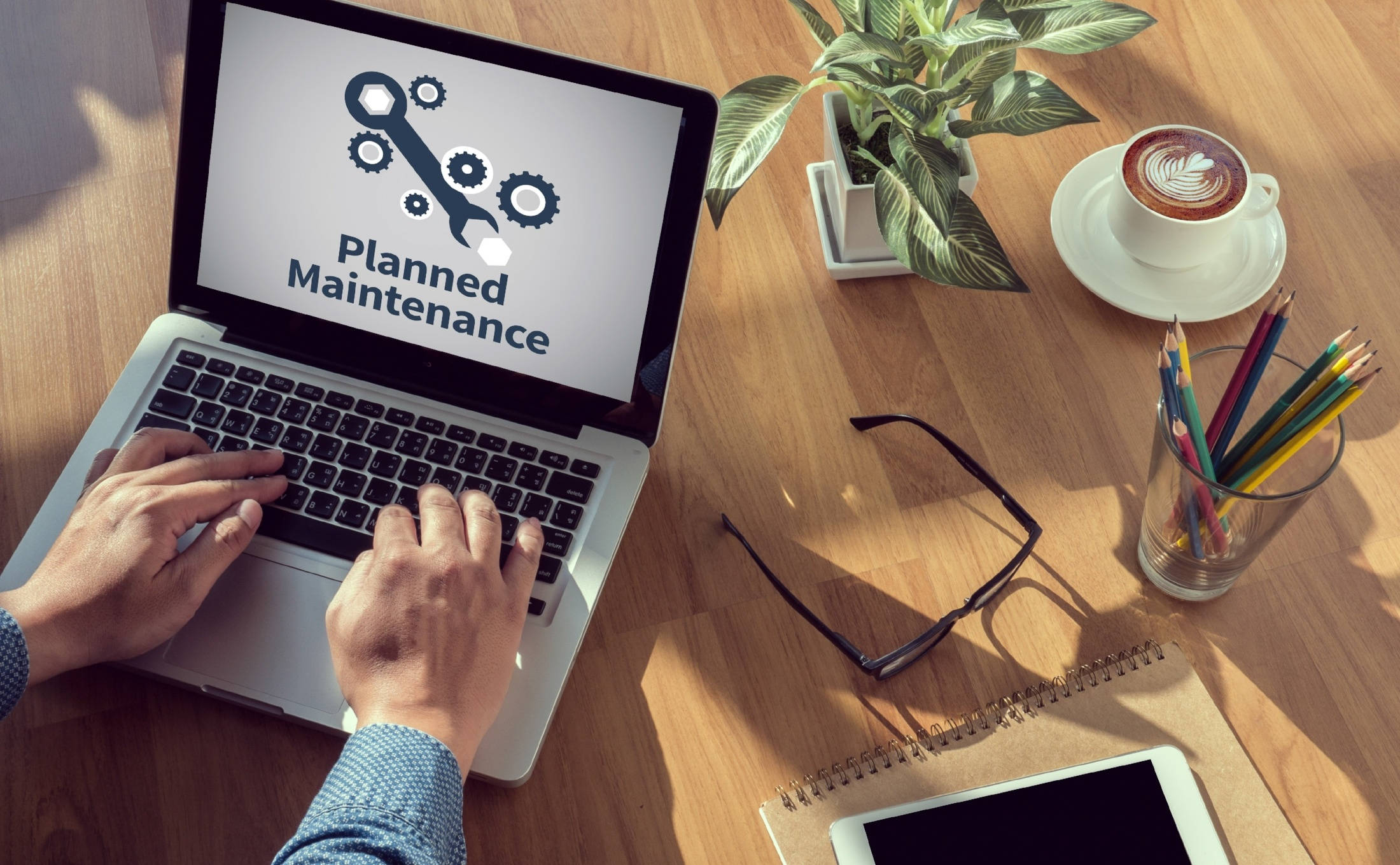 Planned Maintenance, laptop screen, wooden desk, Full HD Desktop Wallpaper