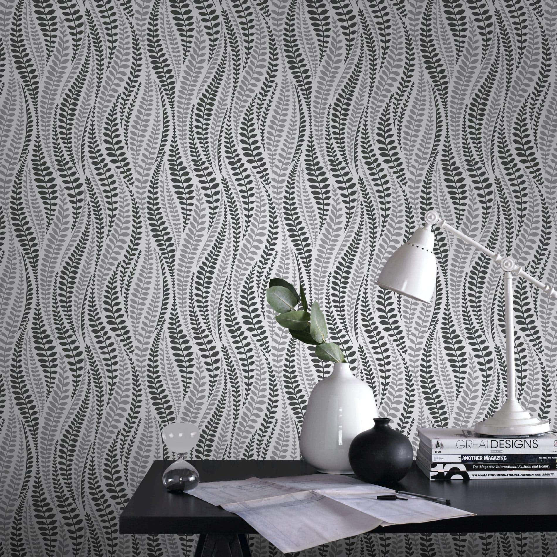 black and silver, gray and white leaf-patterned wallpaper, white lamp, HD Desktop Wallpaper