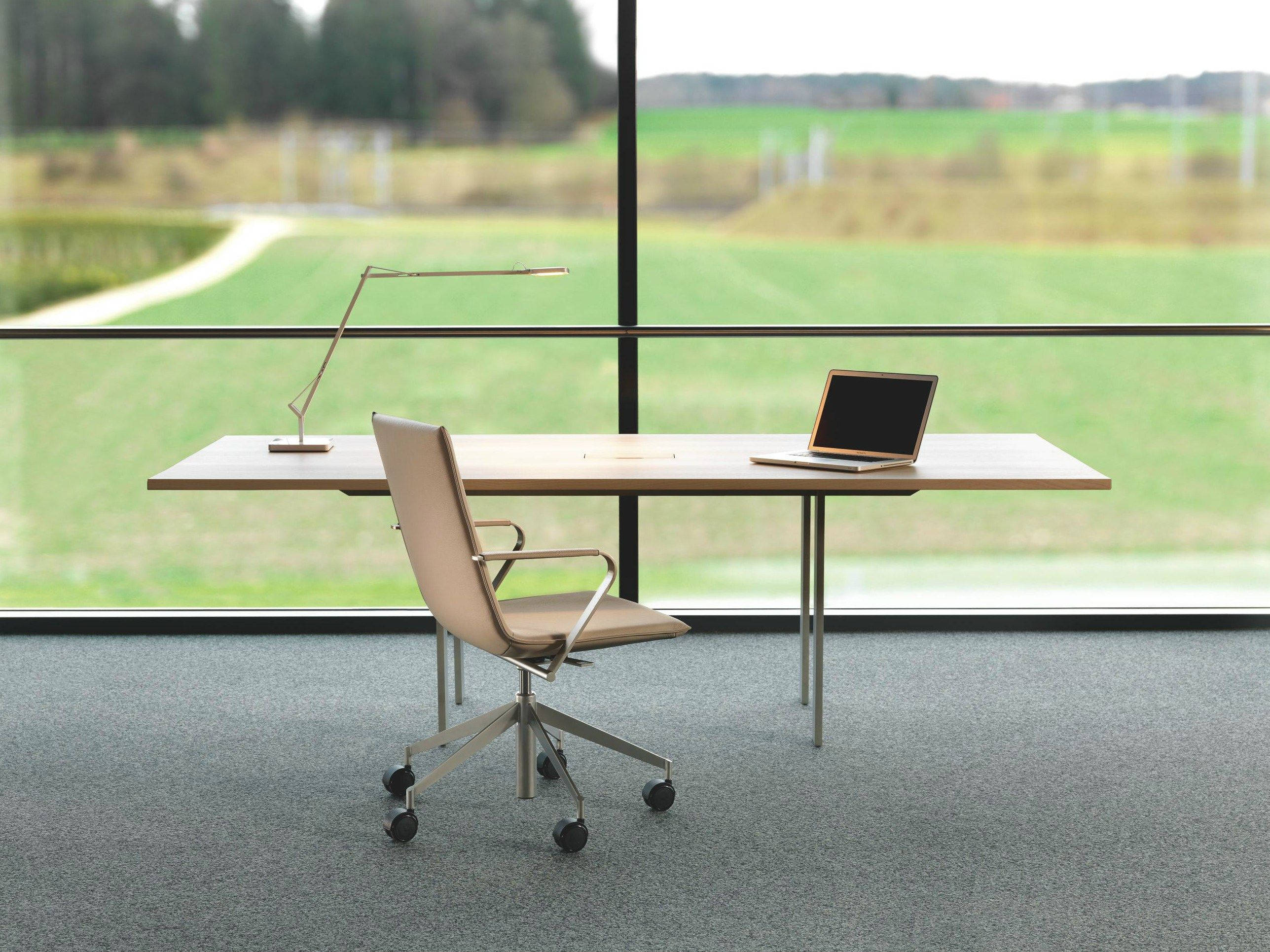 adjustable office desk, transparent glass wall, minimalist modern office desk, 2K Desktop Wallpaper
