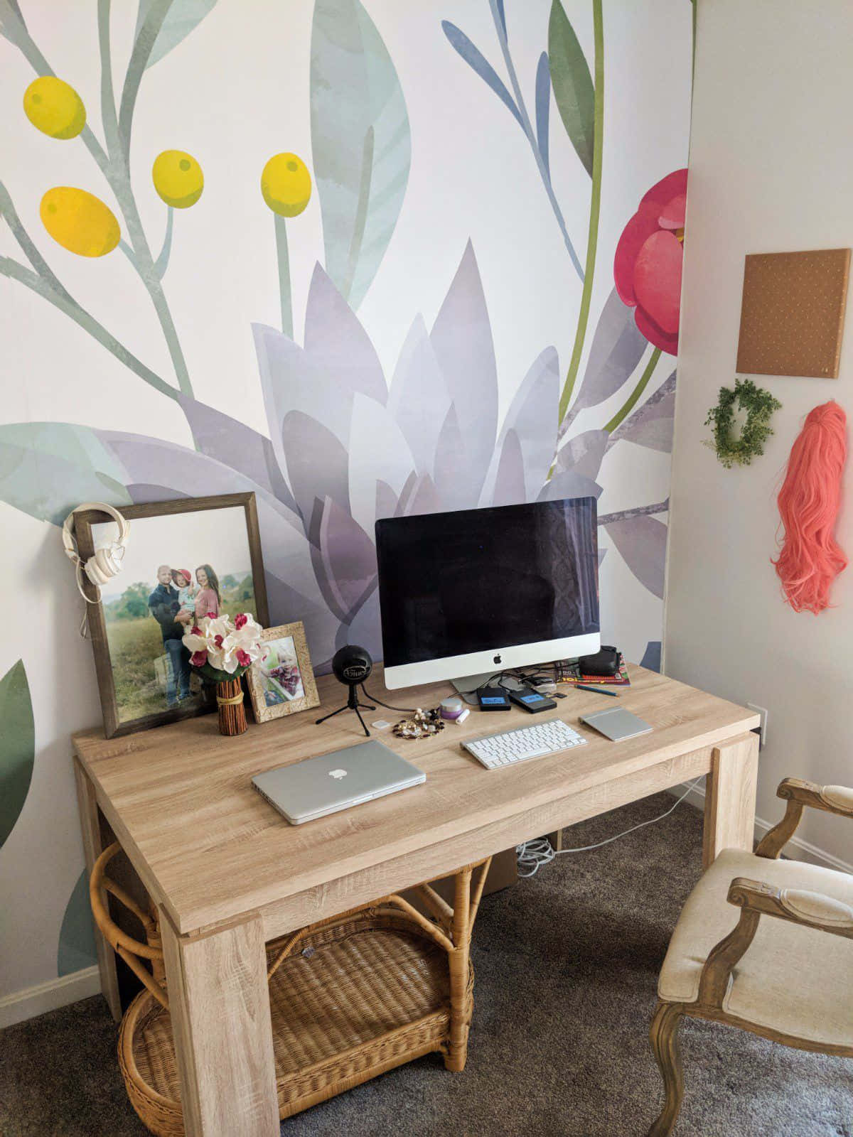wooden desk, vibrant floral wallpaper, large purple blooms, HD Phone Wallpaper