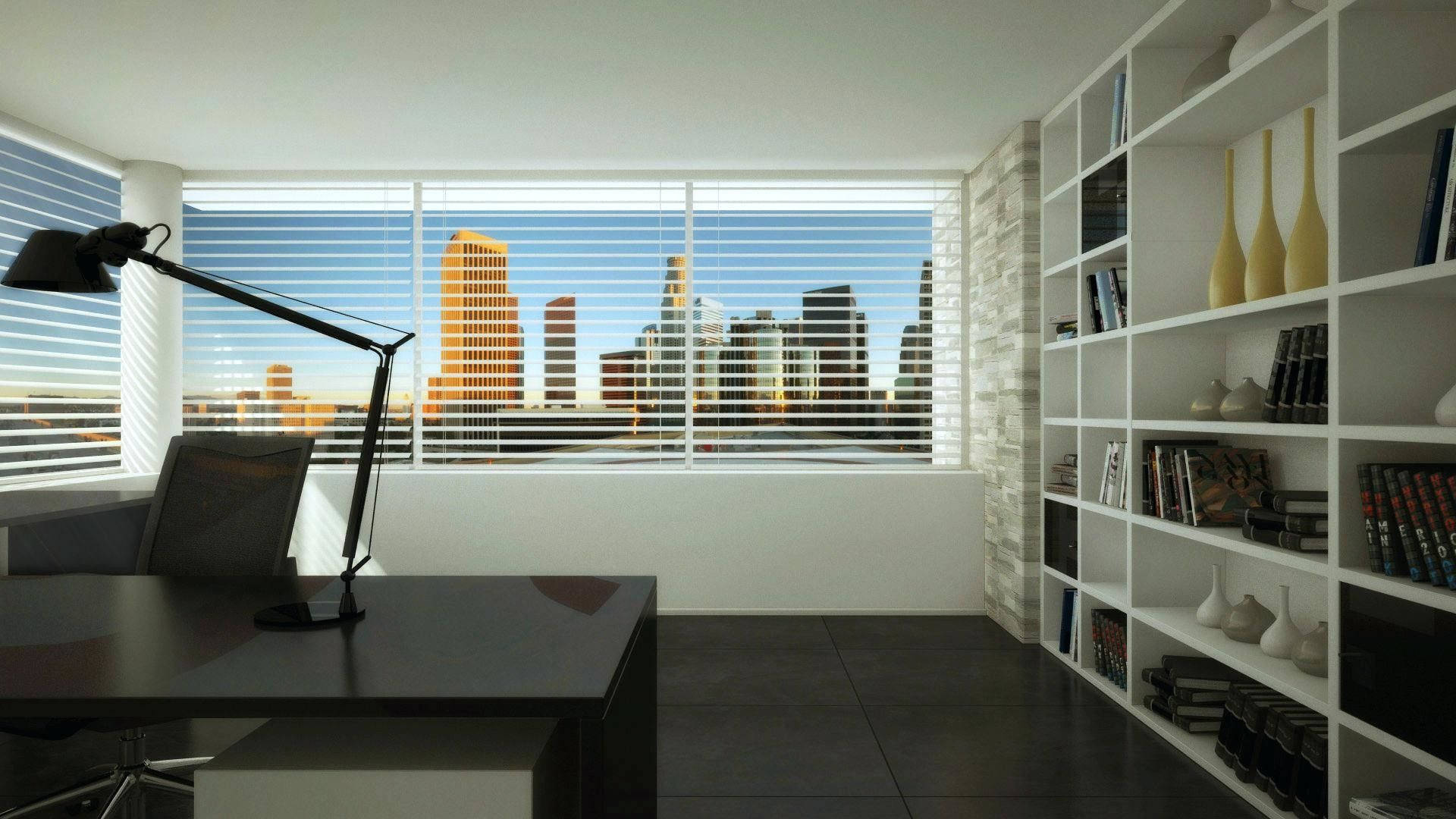City Office Background, black desk, black chair, Full HD Desktop Wallpaper
