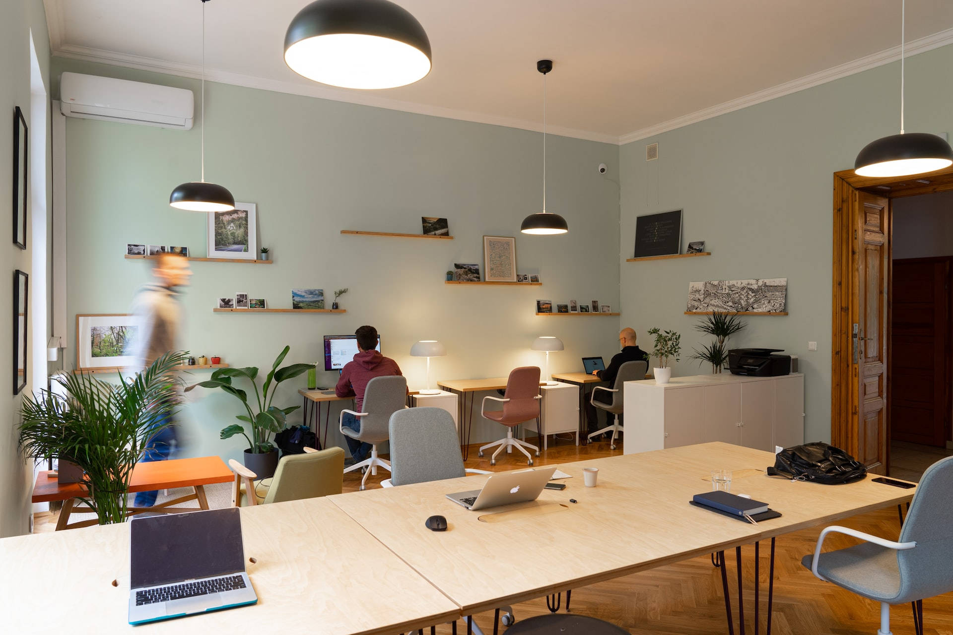 Modern Co-working Space, light wood desks, laptops, Full HD Desktop Wallpaper