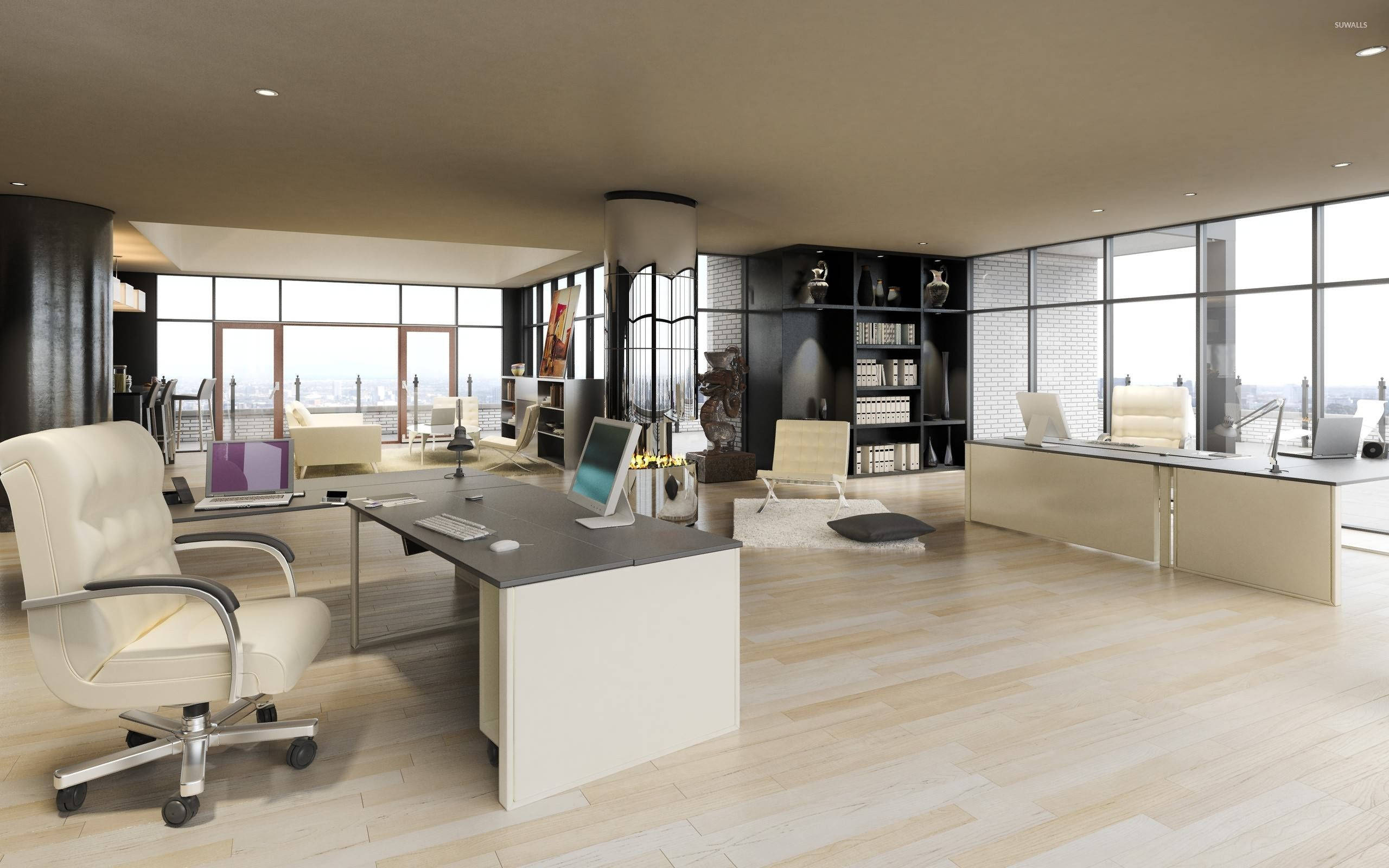 beige office background, modern minimalist office, sleek white desks, 2K Desktop Wallpaper