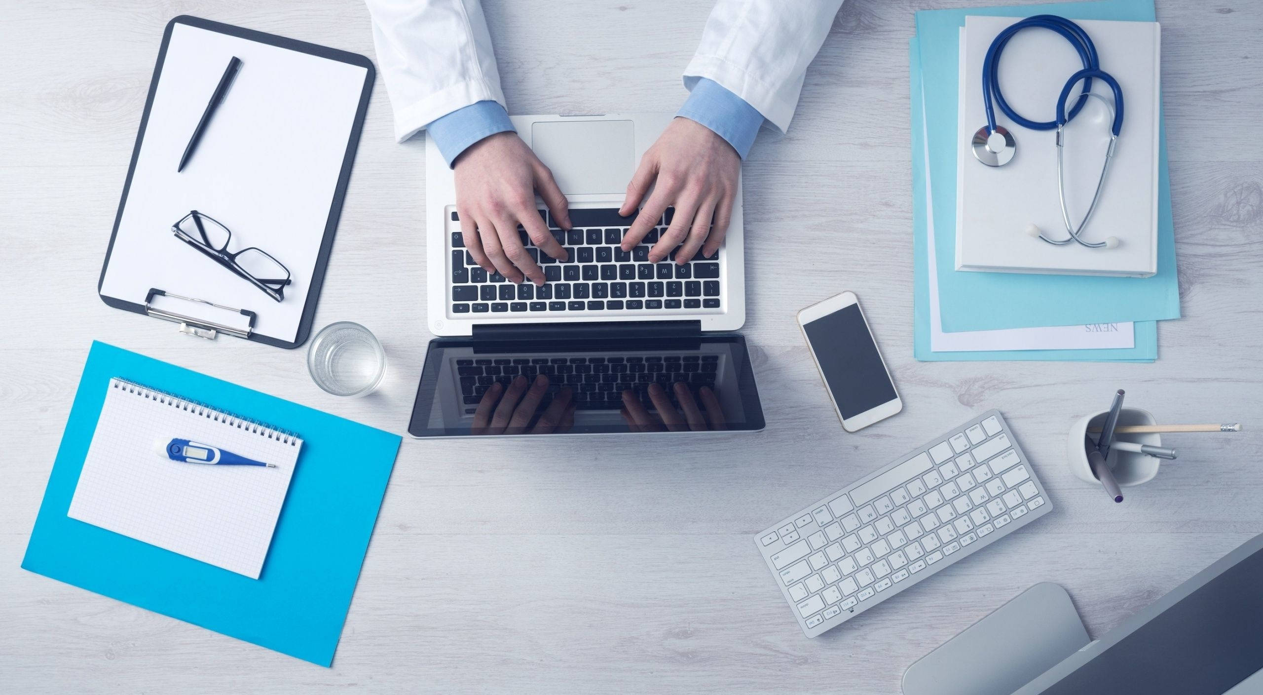 Medical Practitioner, large office desk, light wood desk, 2K Desktop Wallpaper