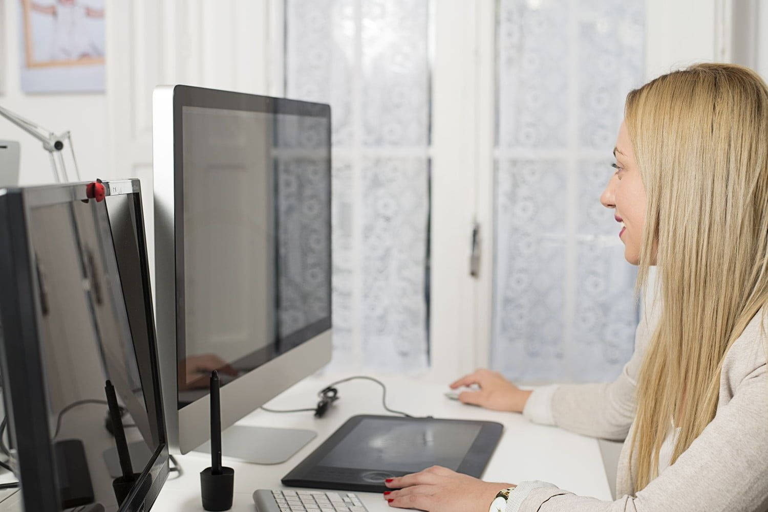 blonde woman, digital drawing tablet, bright white desk, HD Desktop Wallpaper