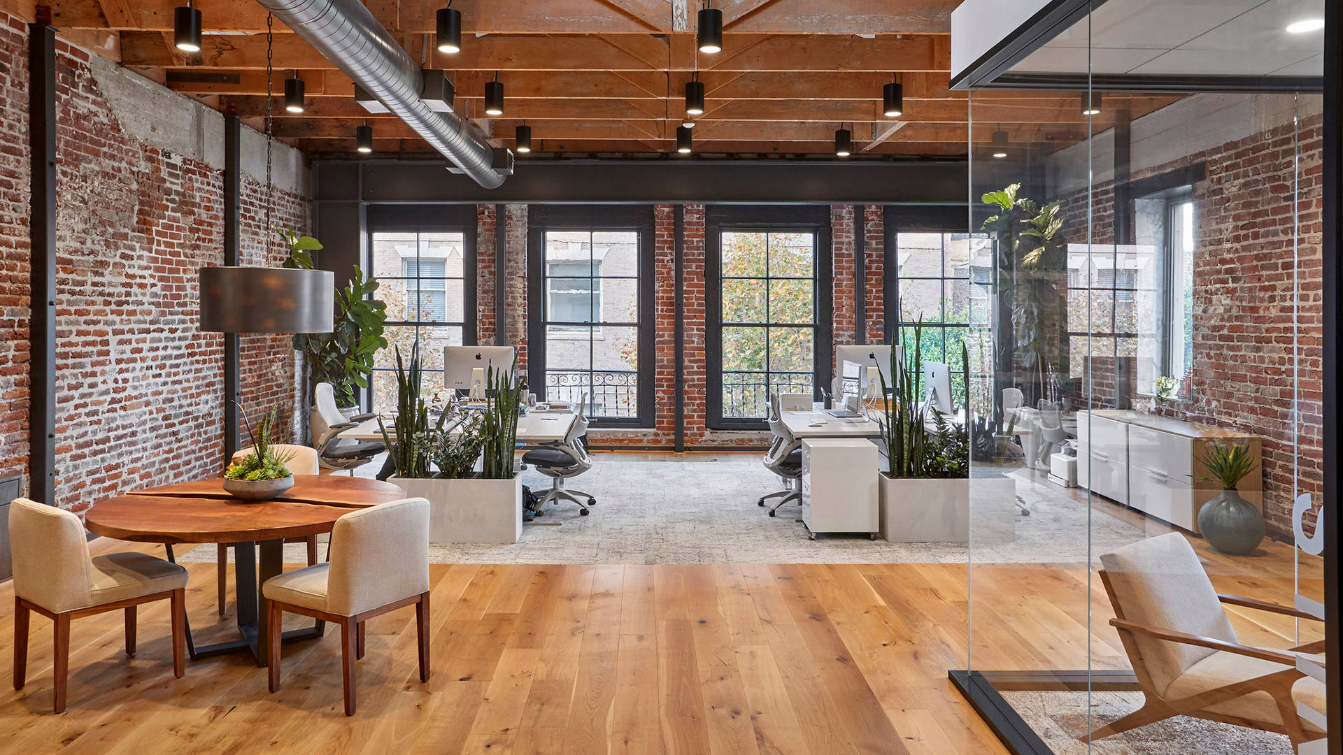 loft office, exposed brick walls, wooden floors, Full HD Desktop Wallpaper