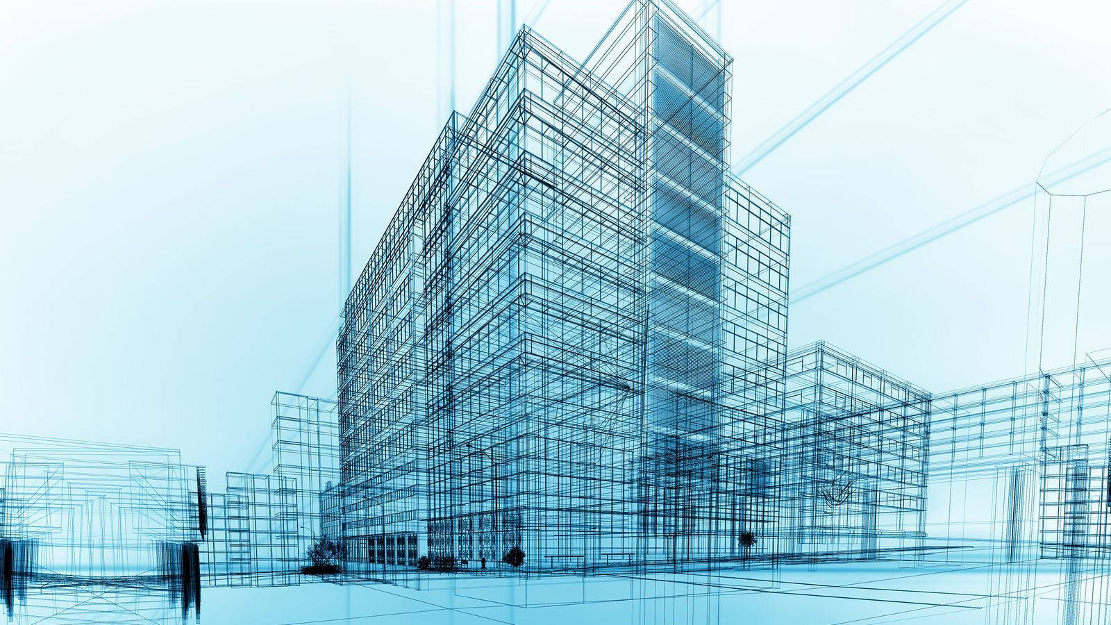 futuristic glass skyscraper, blue wireframe, pale sky, HD Desktop Wallpaper