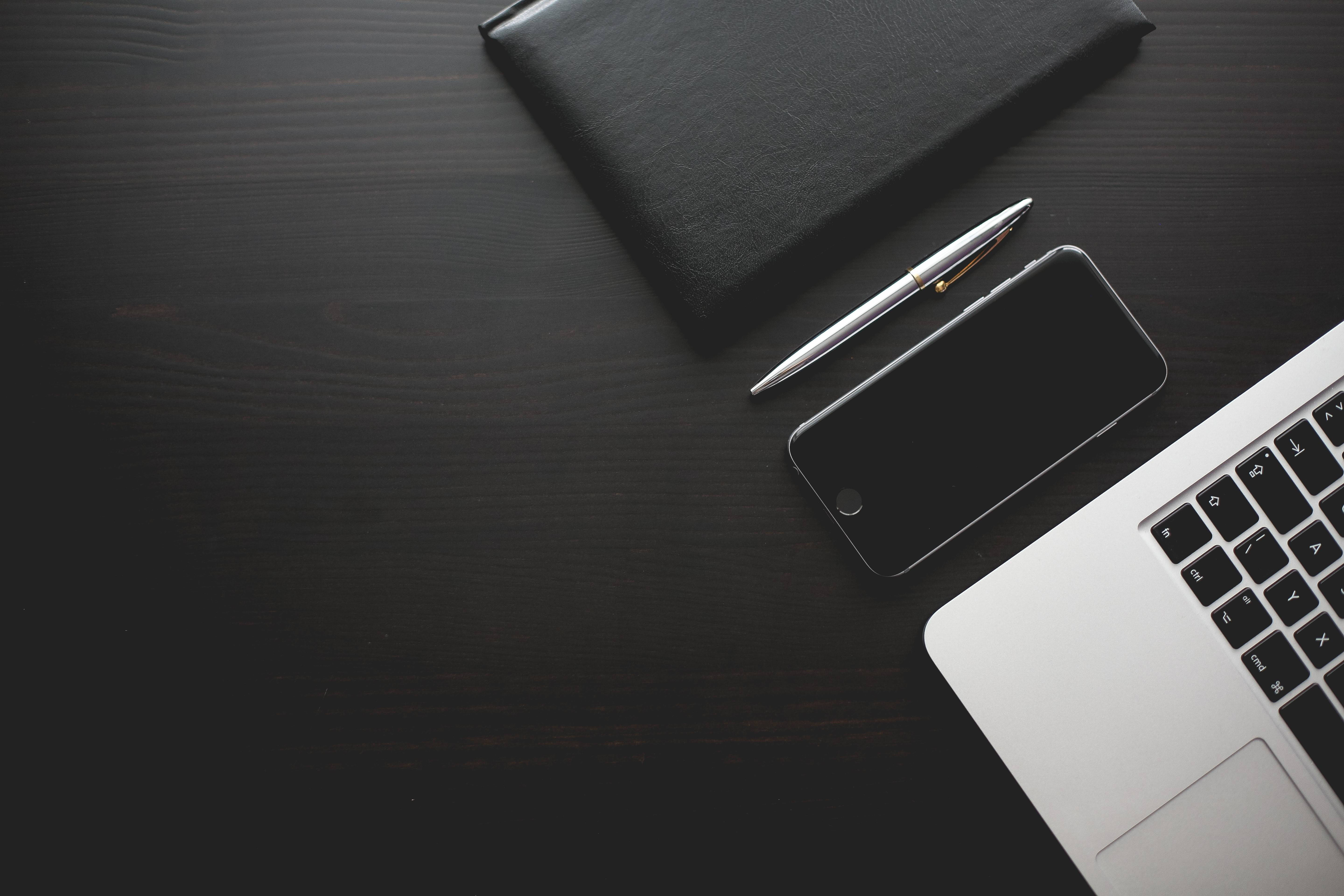 classic matte black office desk, dark wood desk, laptop, 5K Desktop Wallpaper