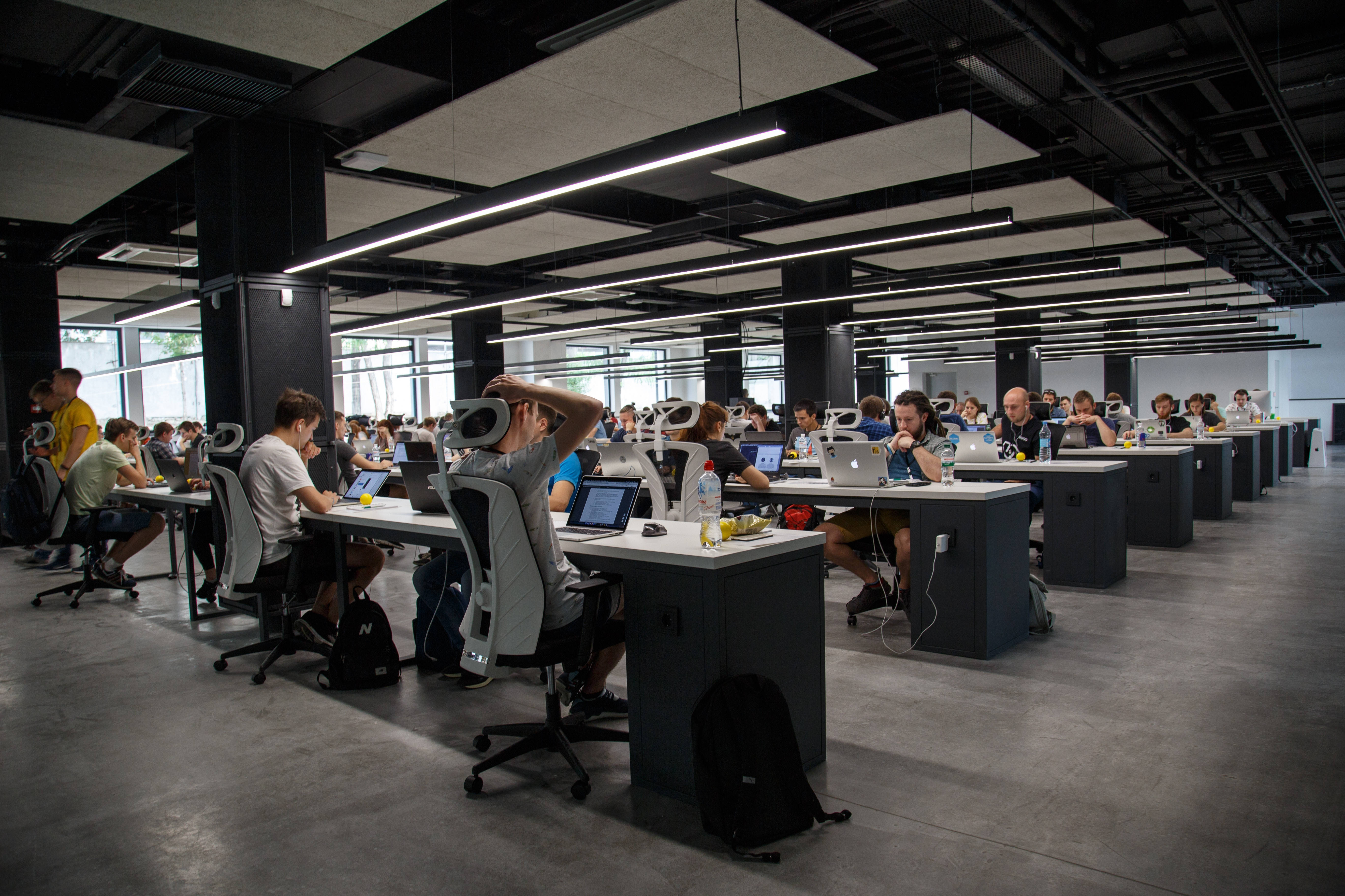 open-plan office, rows of workers, laptops, 5K Desktop Wallpaper