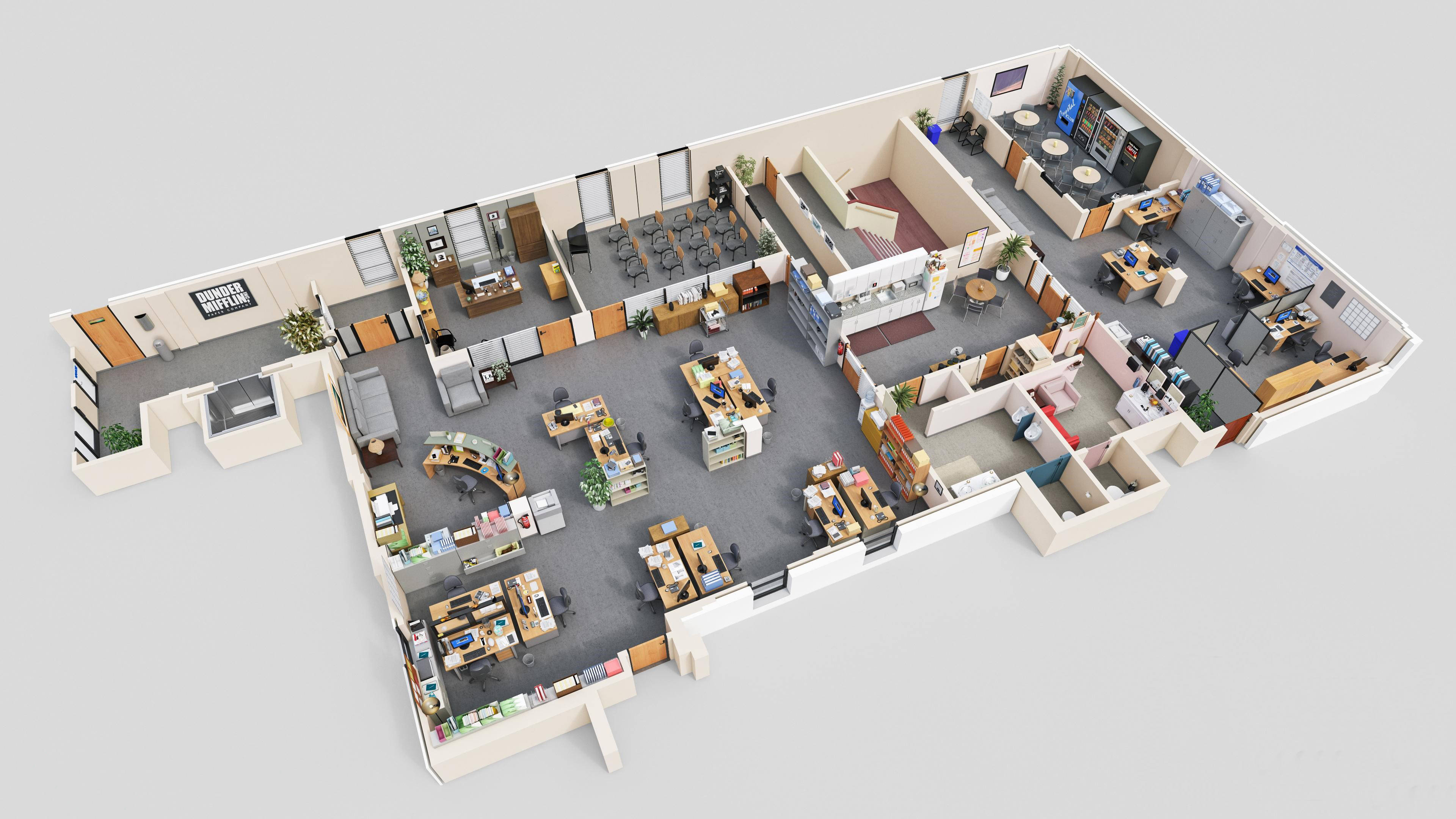 3D Office Floor Plan, modern office, cubicles, 4K Desktop Wallpaper