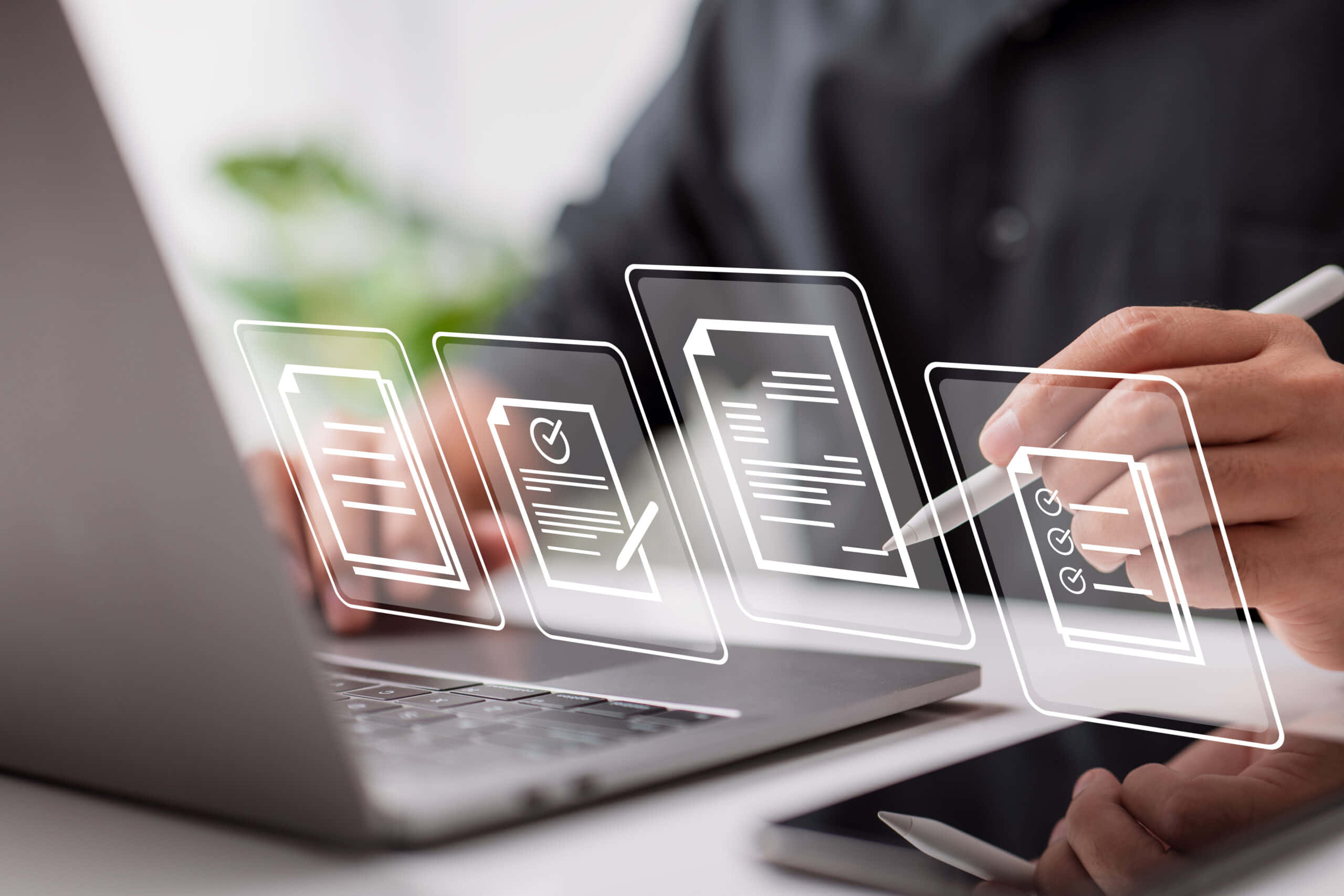 holographic icons, project management, floating digital documents, 2K Desktop Wallpaper