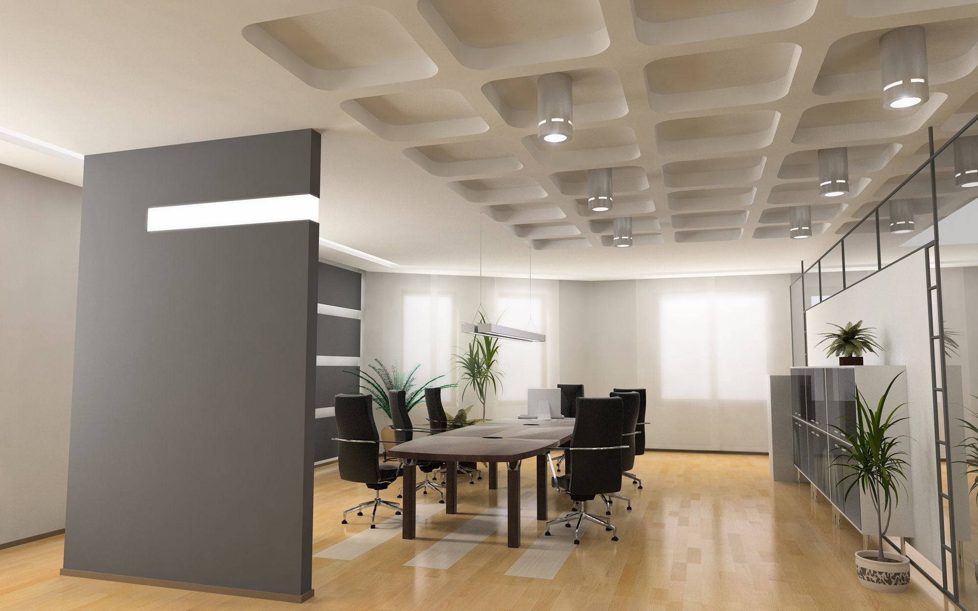 Boardroom Zoom Background Office, modern minimalist conference room, wooden floor, Full HD Desktop Wallpaper