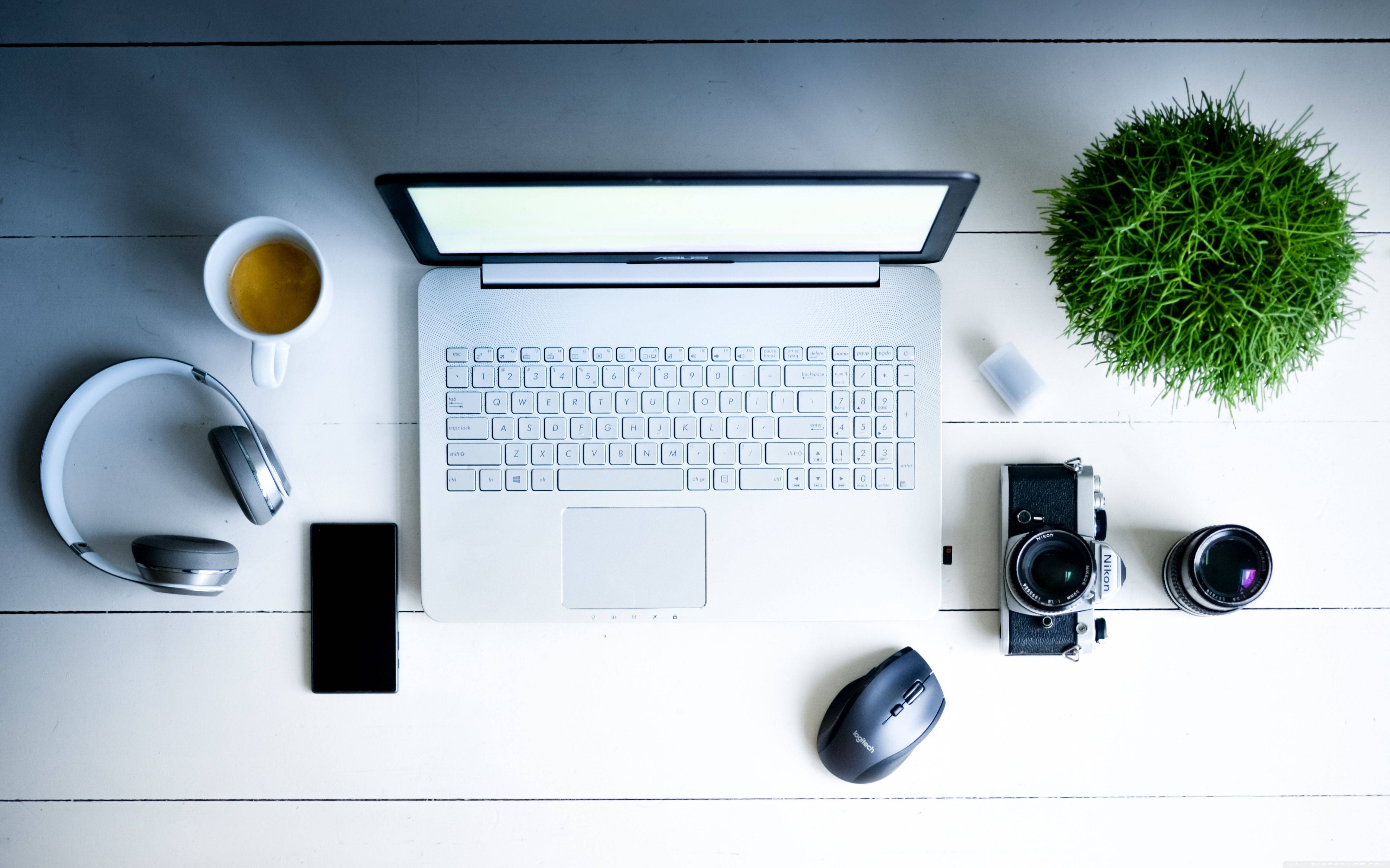 white wooden office desk, laptop, coffee, 5K Desktop Wallpaper