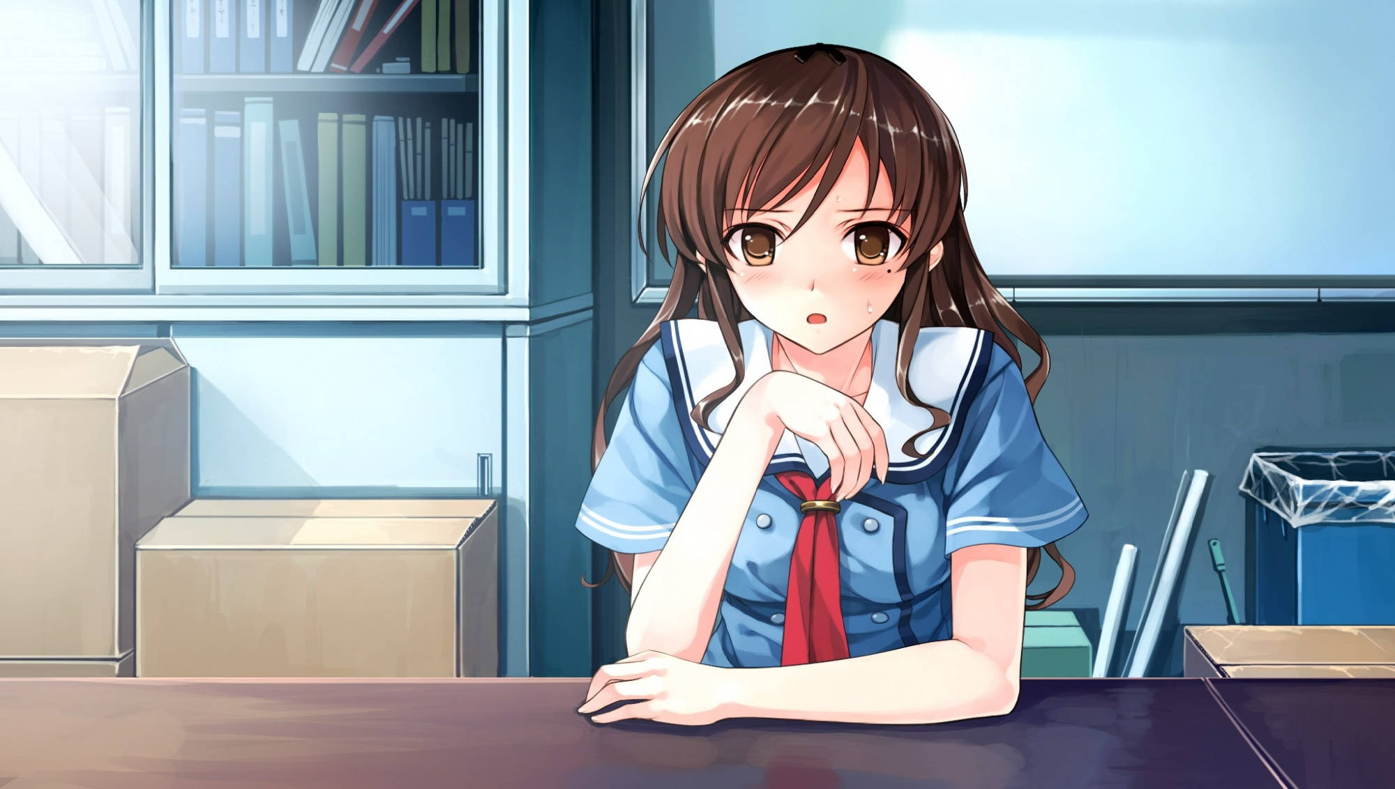 anime girl, blue sailor uniform, desk, Full HD Desktop Wallpaper
