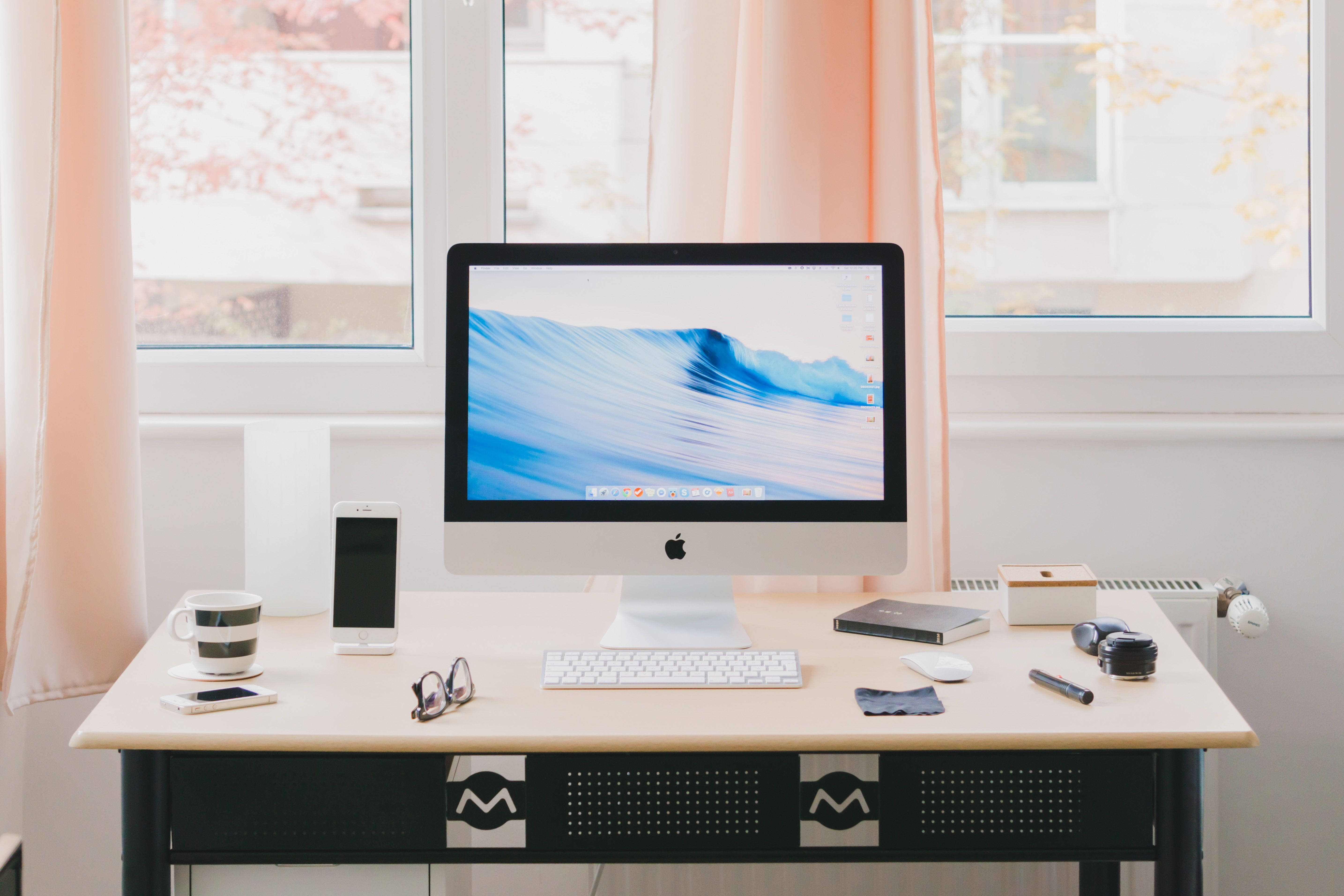 iMac, blue wave wallpaper, modern desk setup, 5K Desktop Wallpaper