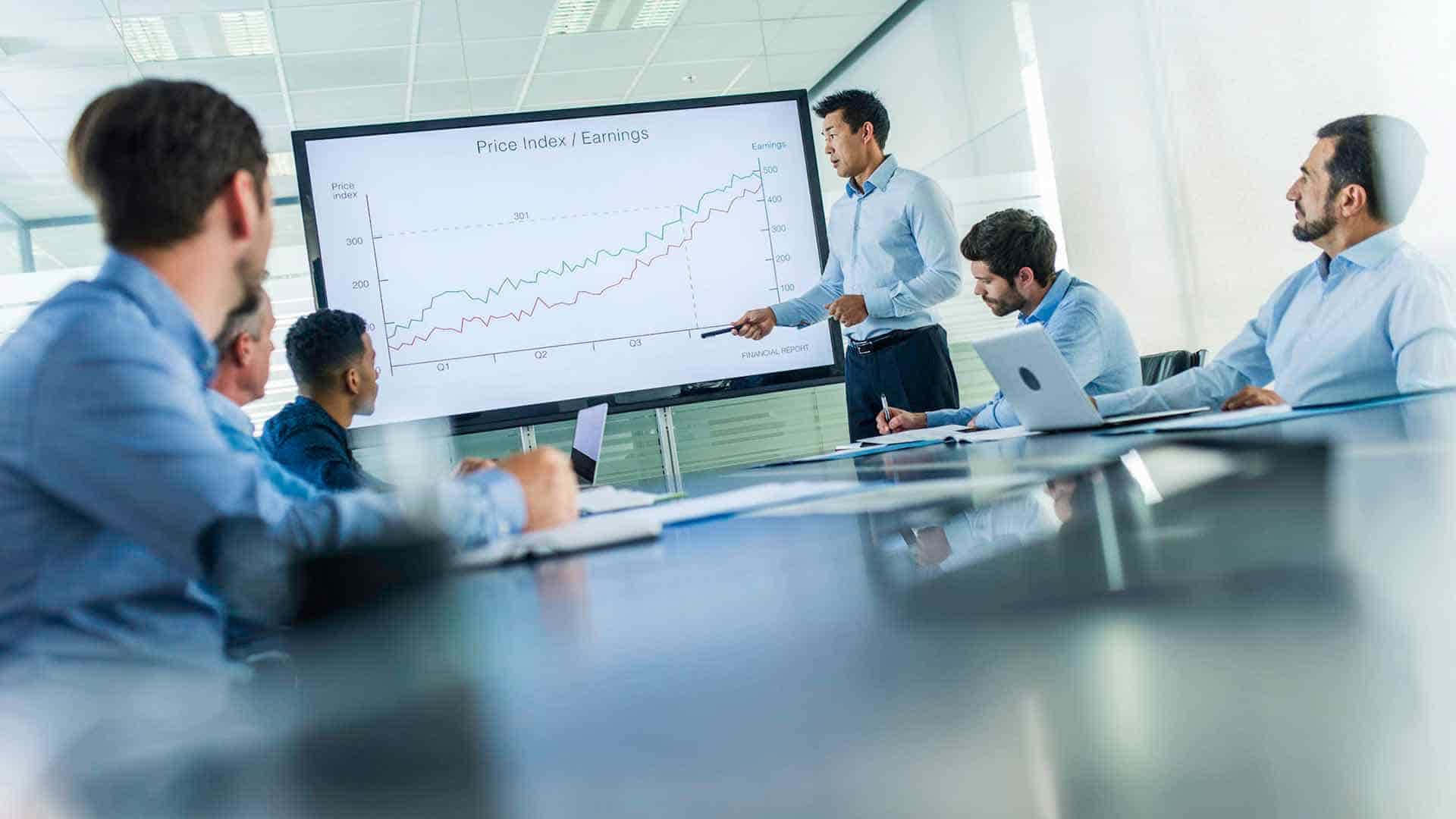 modern conference room, financial charts, large screen, Full HD Desktop Wallpaper