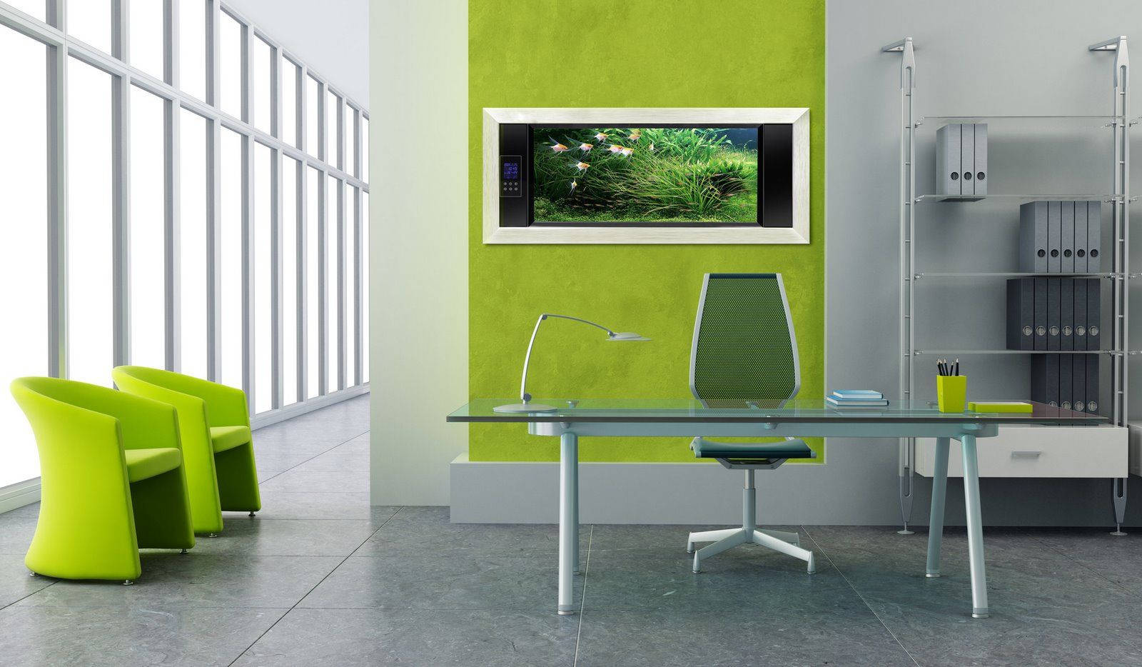 modern minimalist office, lime green chairs, accent wall, HD Desktop Wallpaper