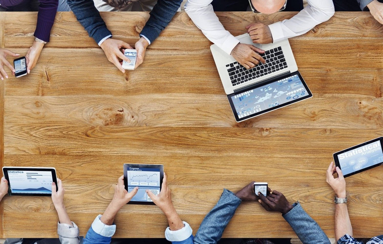 huge wooden office desk, top-down view, diverse hands, HD Desktop Wallpaper