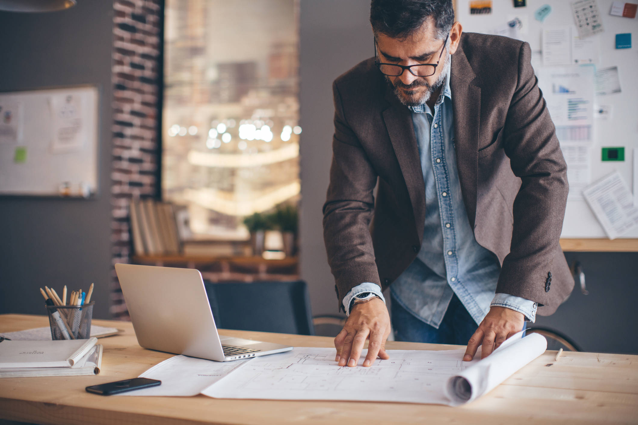 brown blazer, blueprints, wooden desk, Full HD Desktop Wallpaper