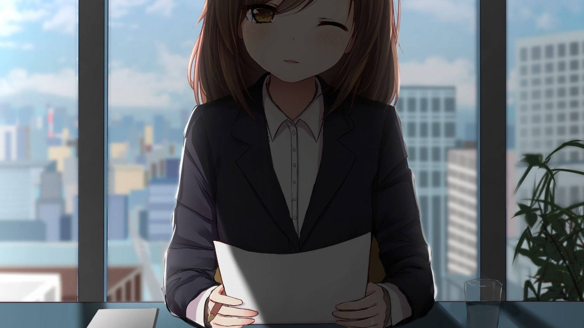 Anime girl, business suit, office window, Full HD Desktop Wallpaper