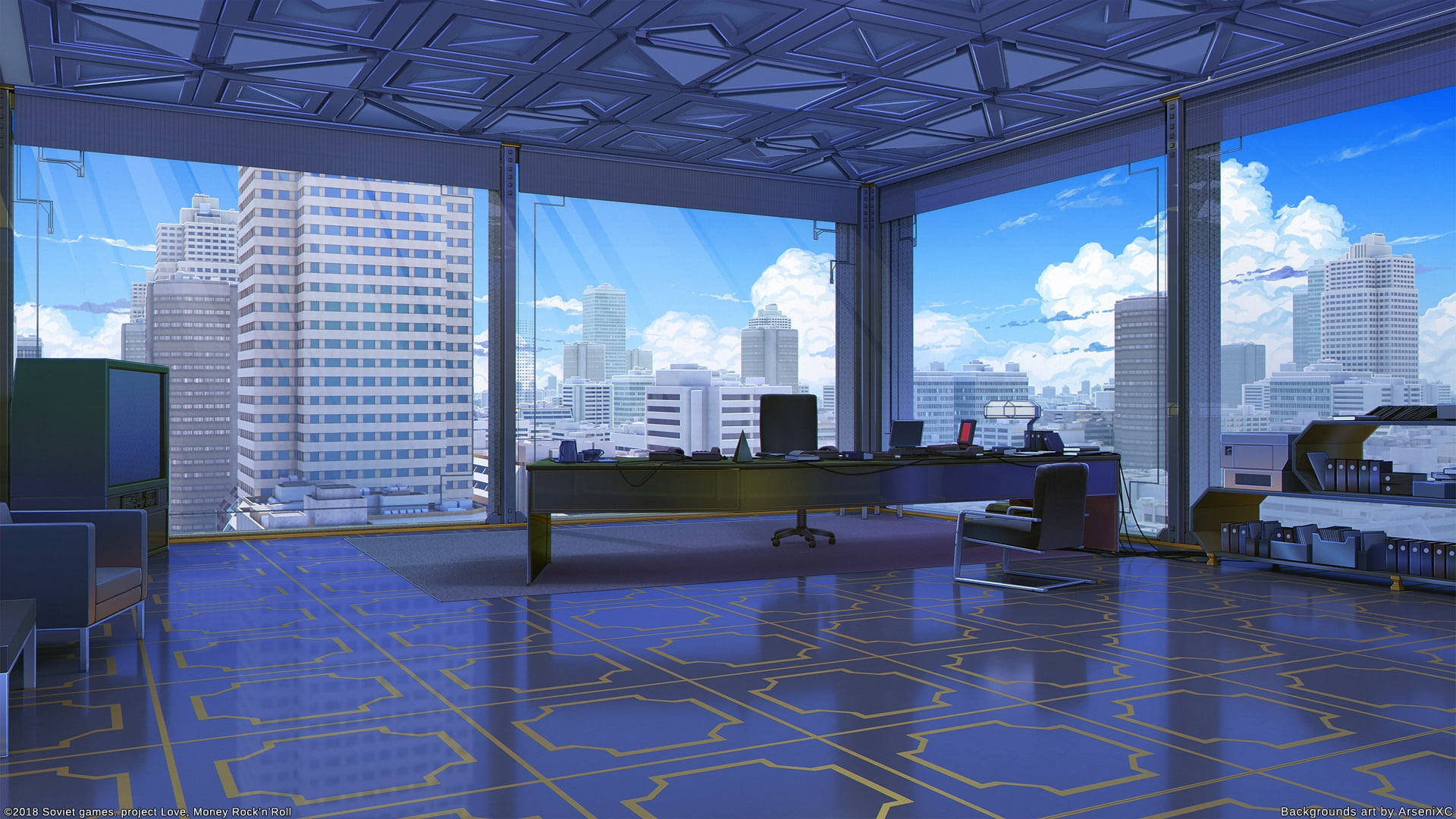 anime-style office, blue geometric floors, floor-to-ceiling windows, Full HD Desktop Wallpaper