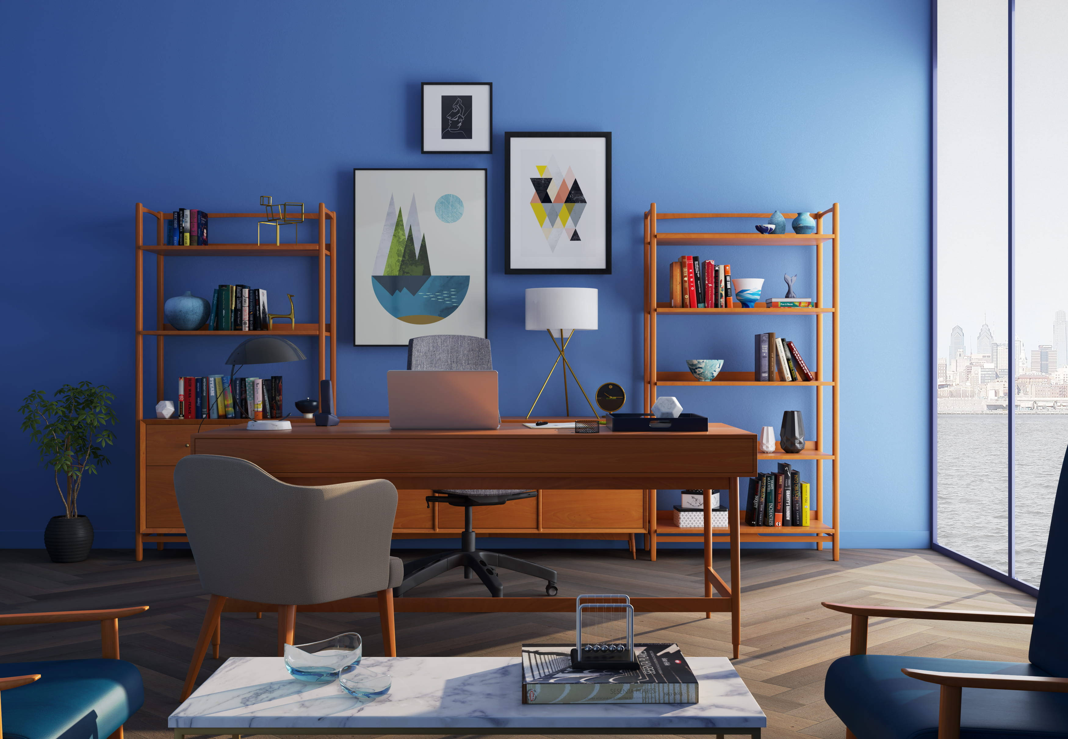 blue walls, wooden furniture, cityscape view, 2K Desktop Wallpaper
