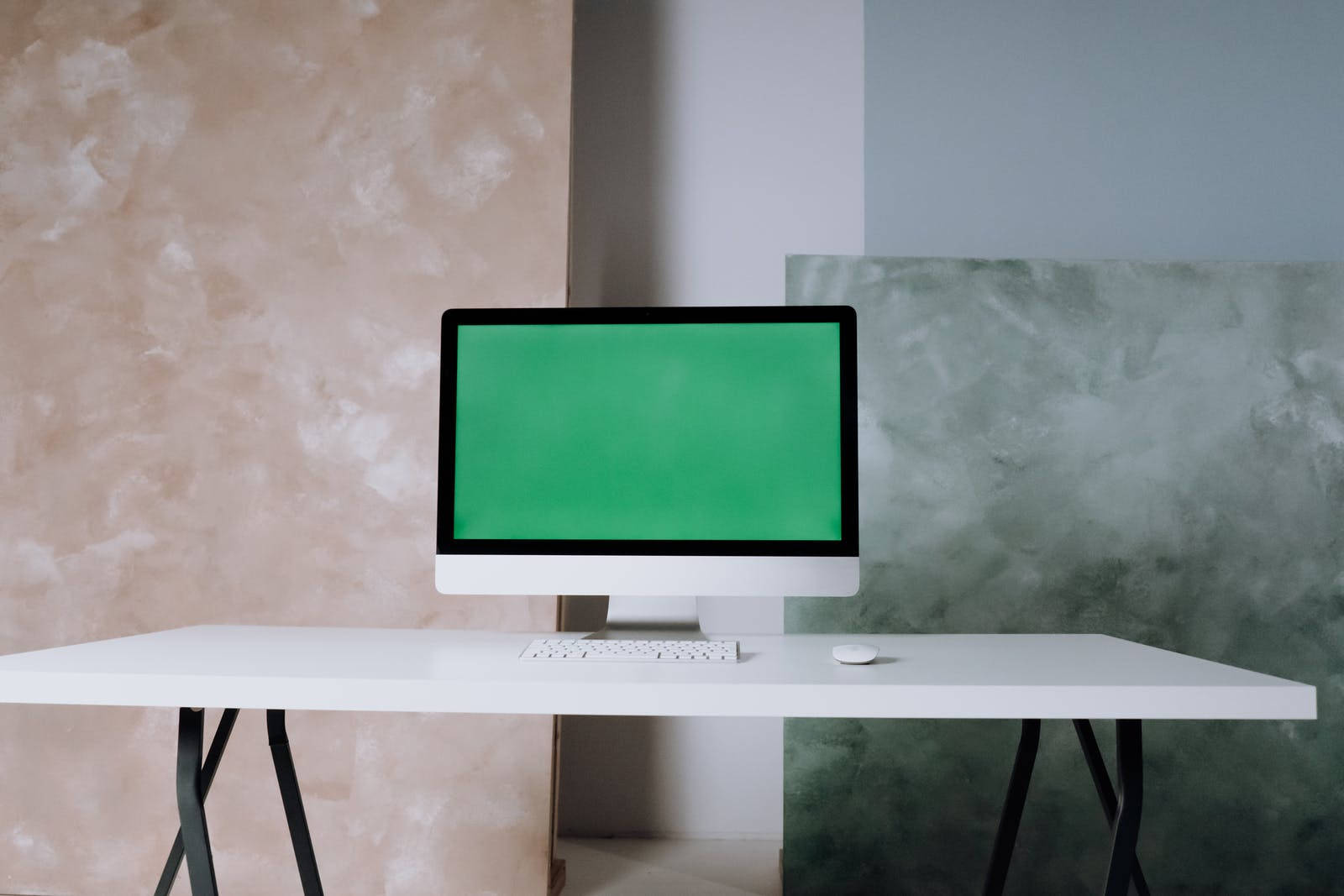 iMac, green screen, minimalist desk, HD Desktop Wallpaper