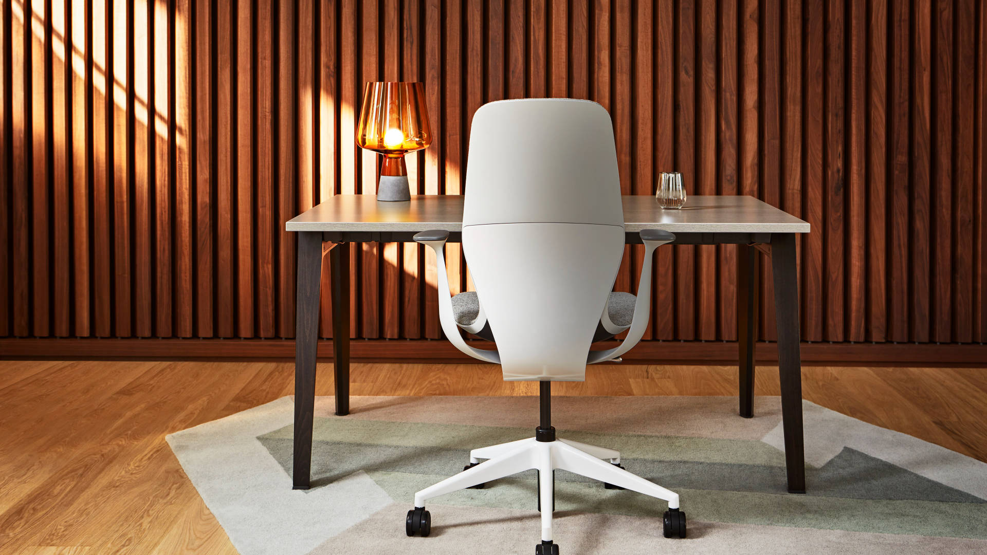 wooden partition, white office chair, sleek desk, Full HD Desktop Wallpaper