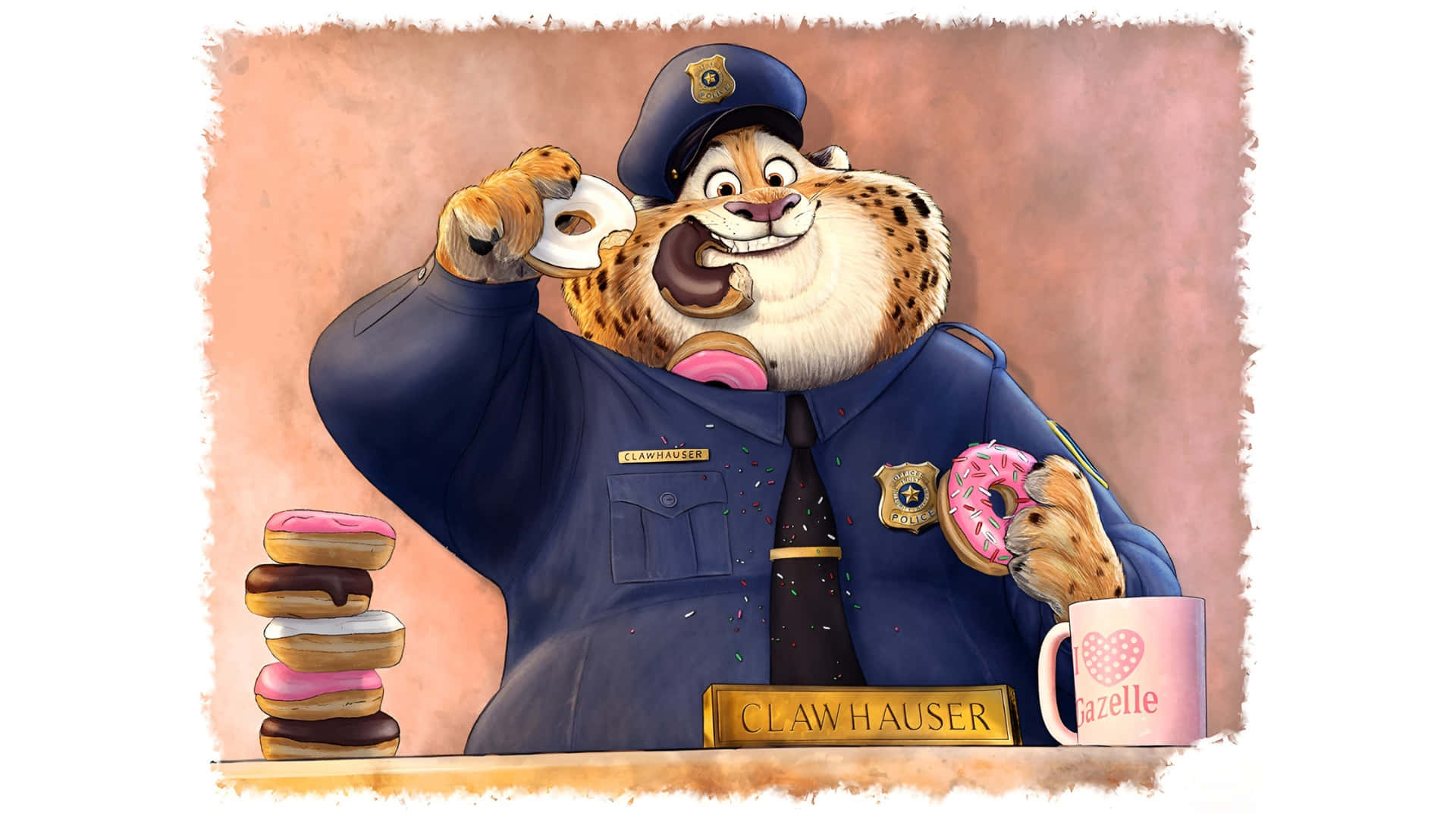 Officer Clawhauser, donuts, mug, Full HD Desktop Wallpaper
