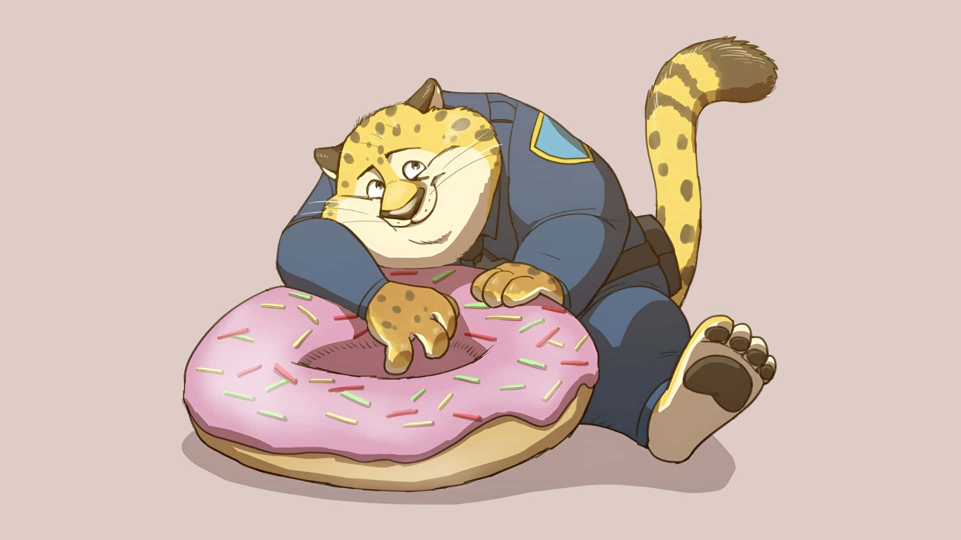 Officer Clawhauser, blue police uniform, pink frosted donut, Full HD Desktop Wallpaper