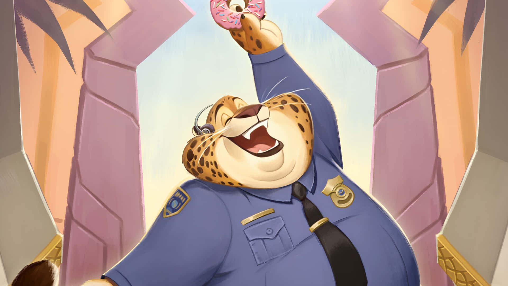 Officer Clawhauser, blue police uniform, pink frosted donut with sprinkles, Full HD Desktop Wallpaper