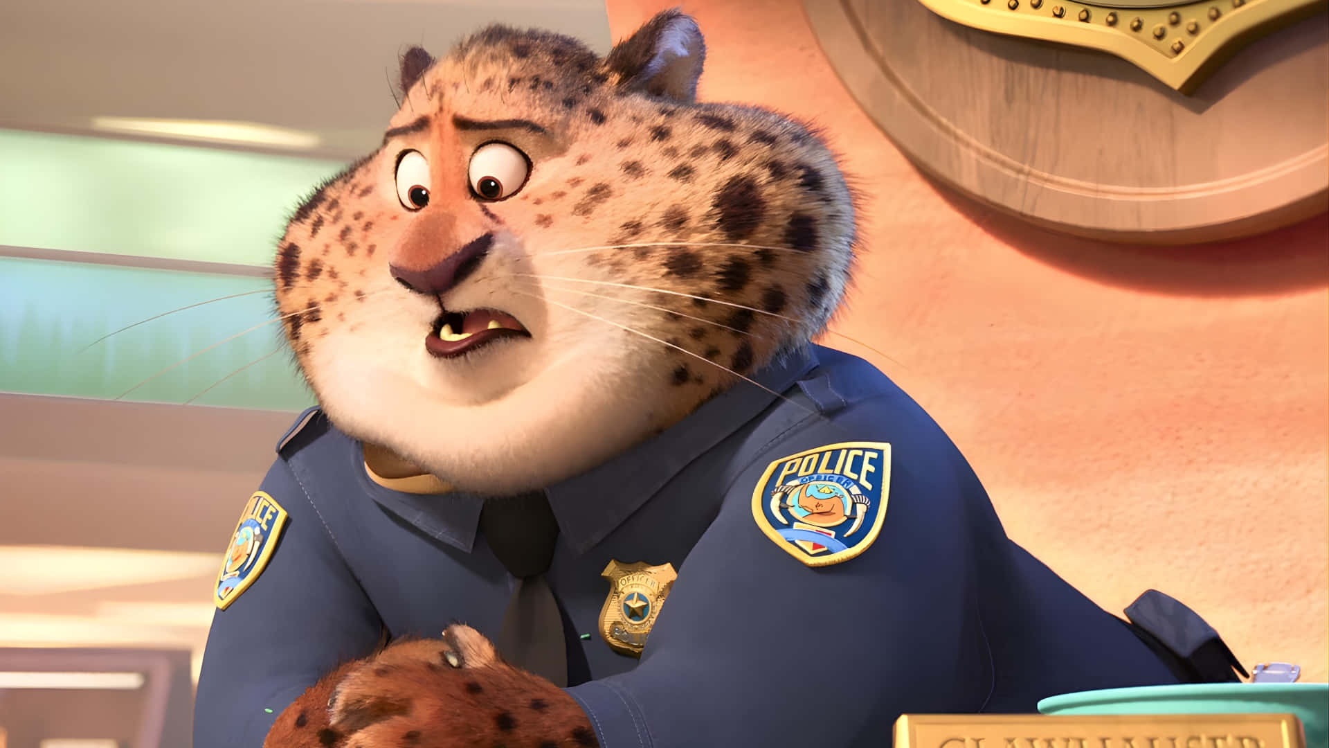 Officer Clawhauser, cartoon leopard, police uniform, Full HD Desktop Wallpaper