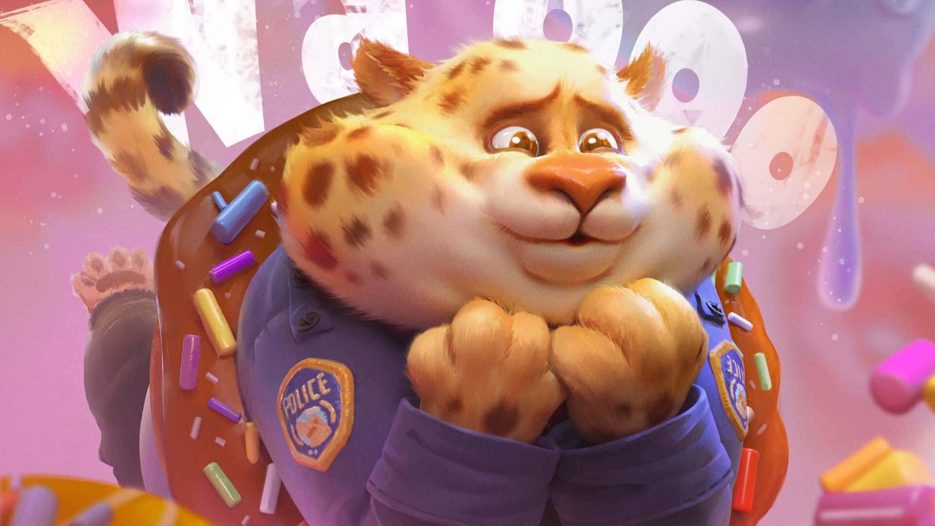 Officer Clawhauser, purple police uniform, giant donut, Full HD Desktop Wallpaper