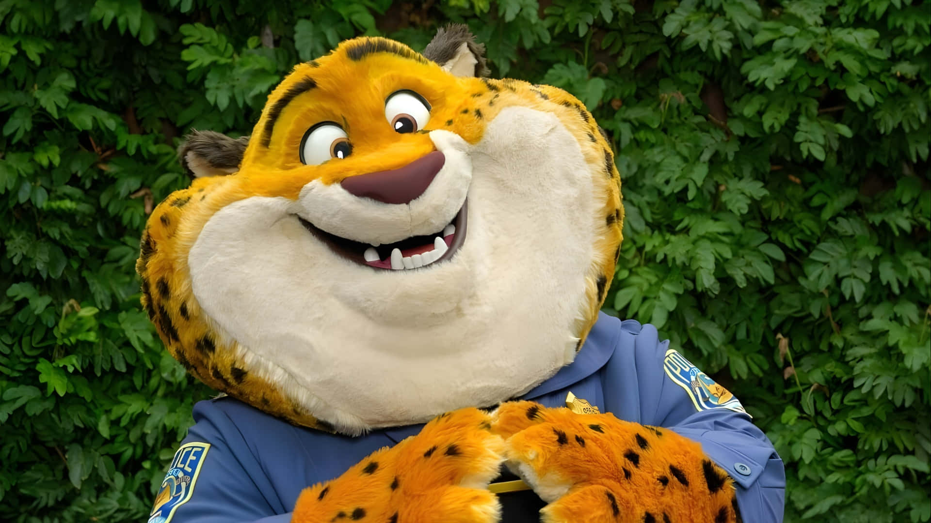 Officer Clawhauser, blue police uniform, cheerful cheetah mascot, Full HD Desktop Wallpaper
