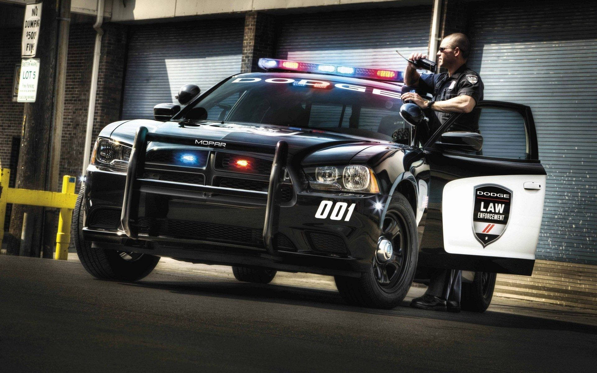 black Dodge police car, flashing lights, urban alley, Full HD Desktop Wallpaper