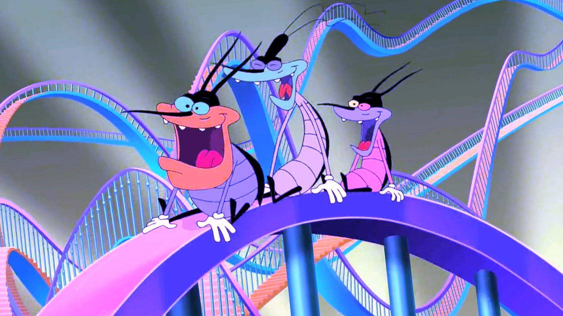 Oggy And The Cockroaches, three cartoon cockroaches, purple and blue roller coaster track, Full HD Desktop Wallpaper