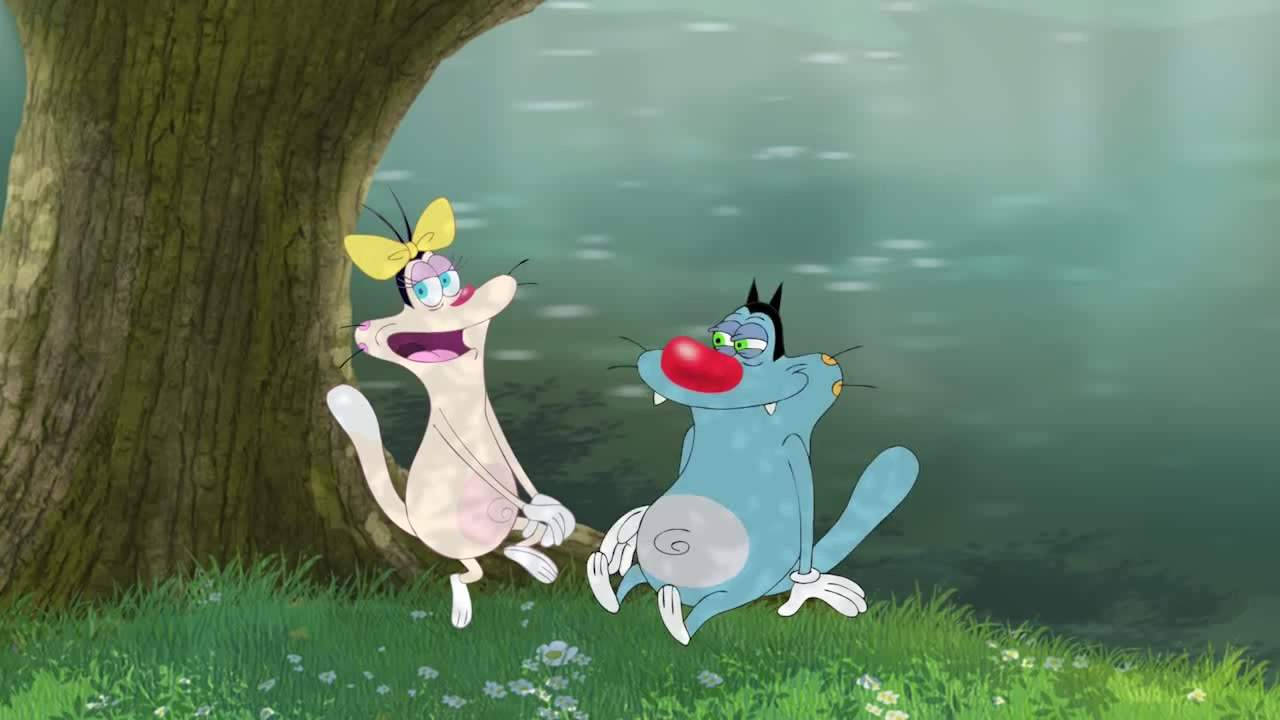 Oggy And The Cockroaches, pink cat with yellow bow, blue cat with red nose, HD Desktop Wallpaper