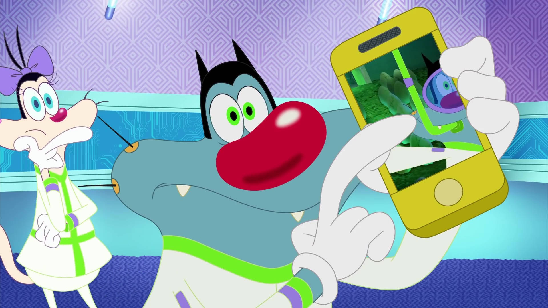 Oggy And The Cockroaches, phone, green alien creature, Full HD Desktop Wallpaper
