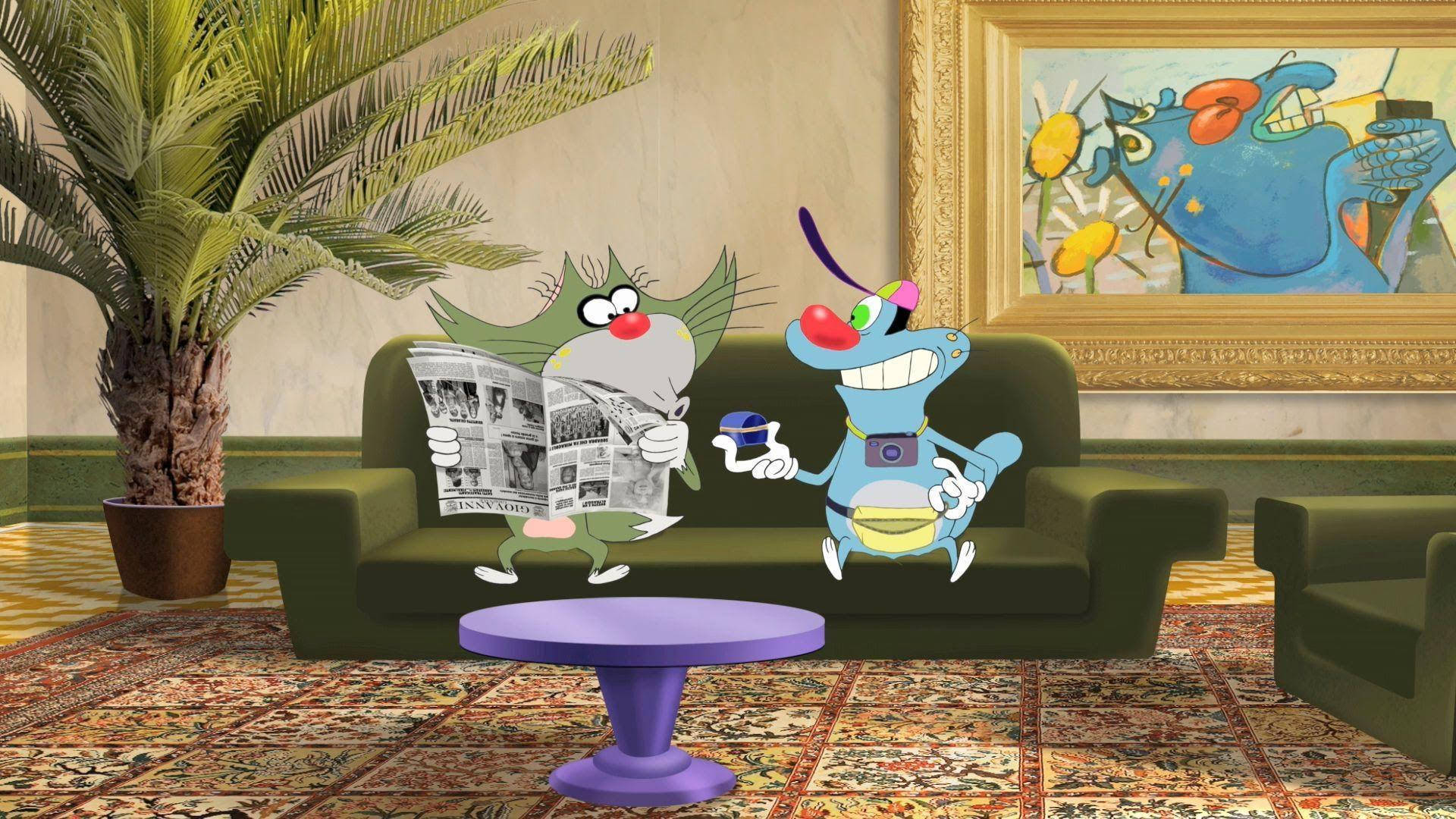 Oggy And The Cockroaches, Vacation, green couch, Full HD Desktop Wallpaper