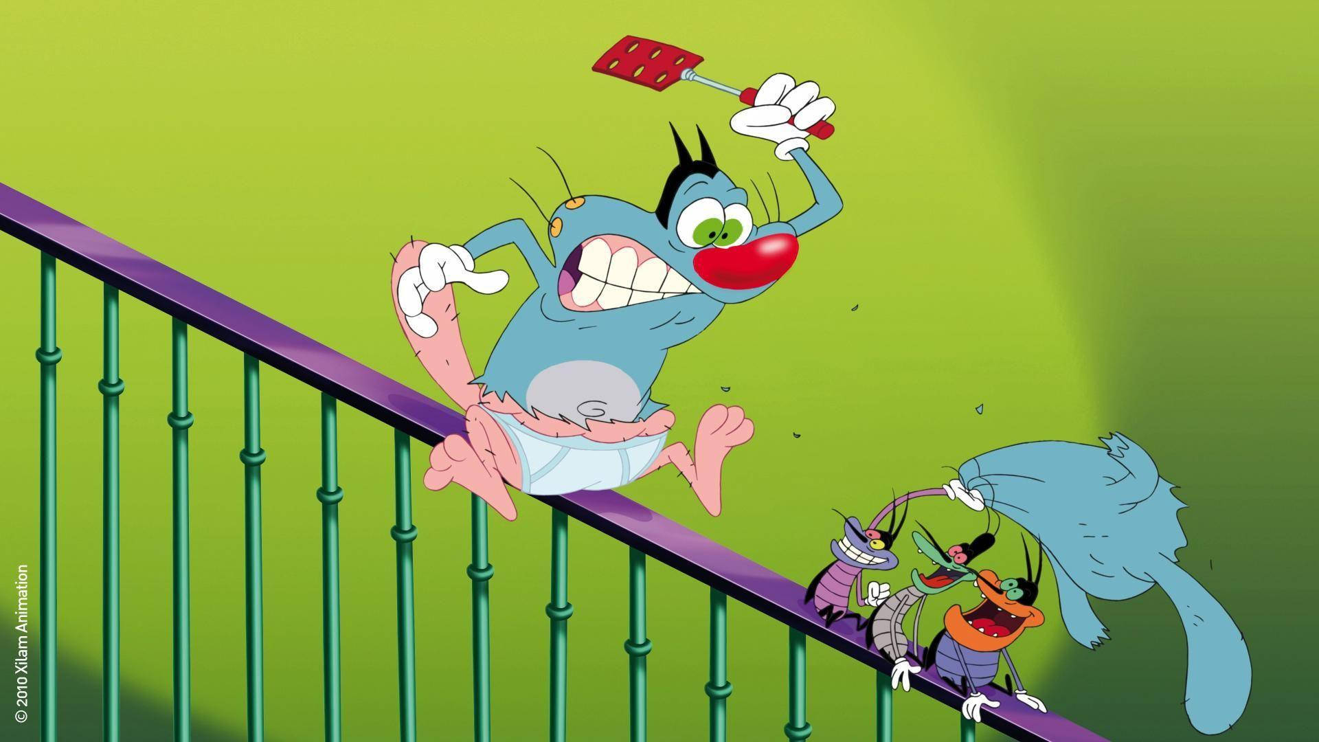 Oggy And The Cockroaches, Oggy, purple railing, Full HD Desktop Wallpaper
