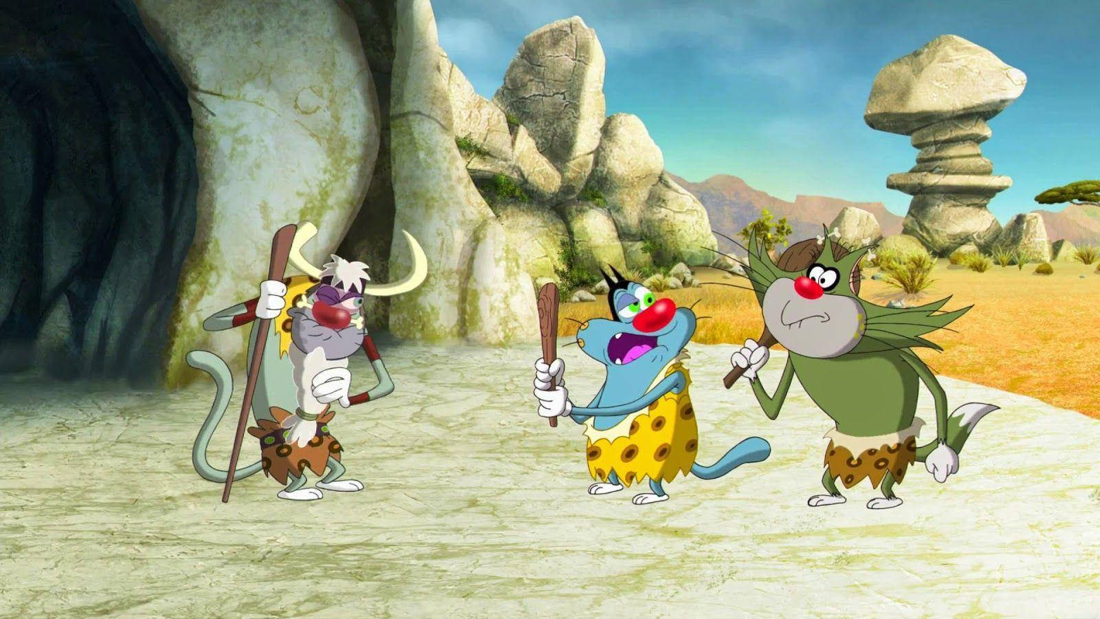 Oggy And The Cockroaches, cavemen, rocky desert landscape, HD Desktop Wallpaper