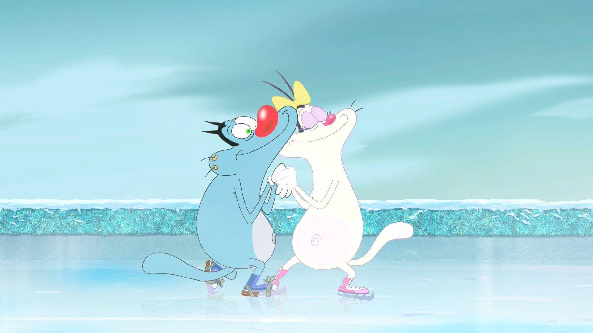 Oggy And The Cockroaches, ice skating, cartoon cats, Full HD Desktop Wallpaper